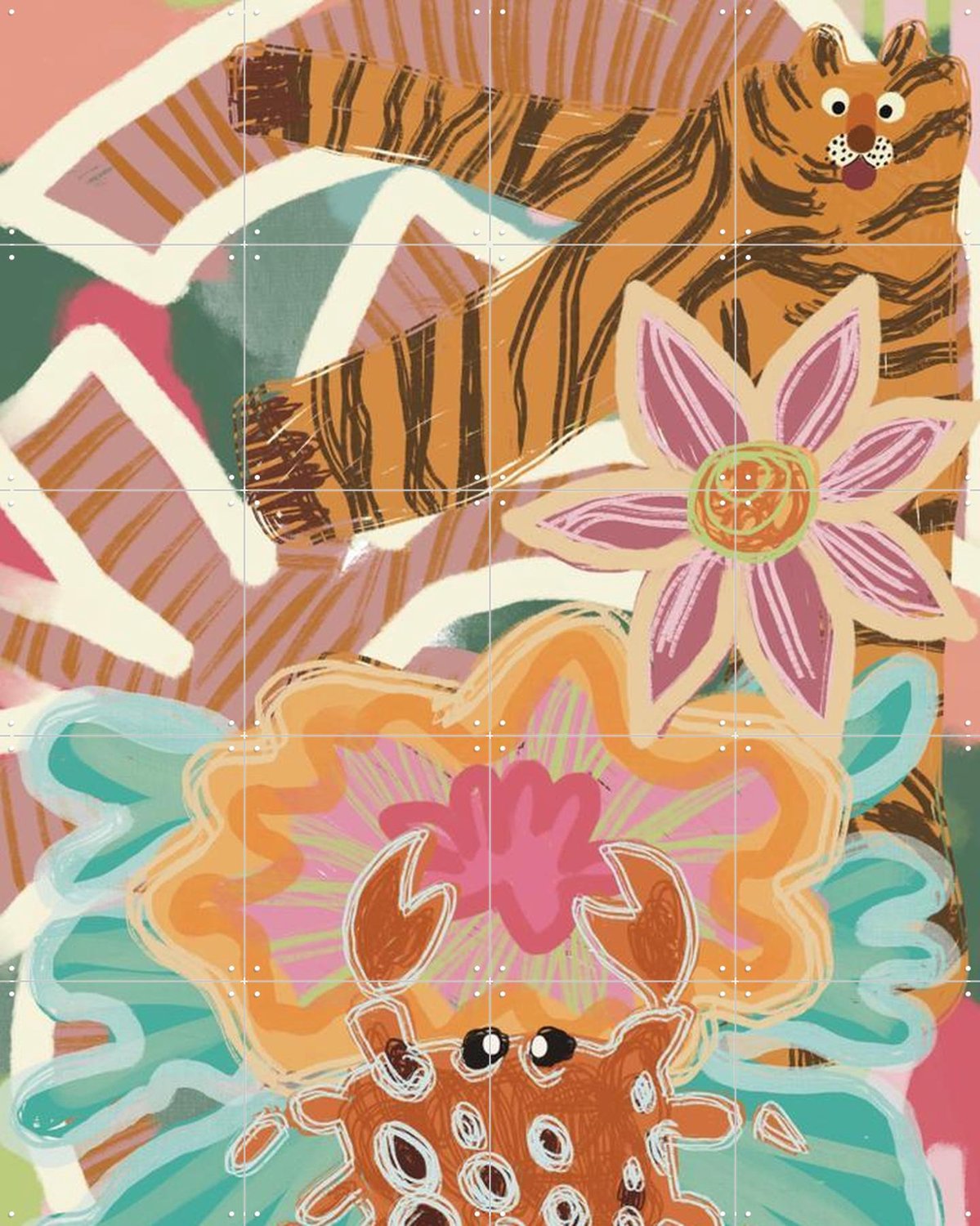 IXXI Tiger Bloom, Lotte Snoek - 80 x 100 cm - Grote wanddecoratie en posters - Collage, Speels, Fantasierijk, Abstract, Gemengde Technieken Oranje