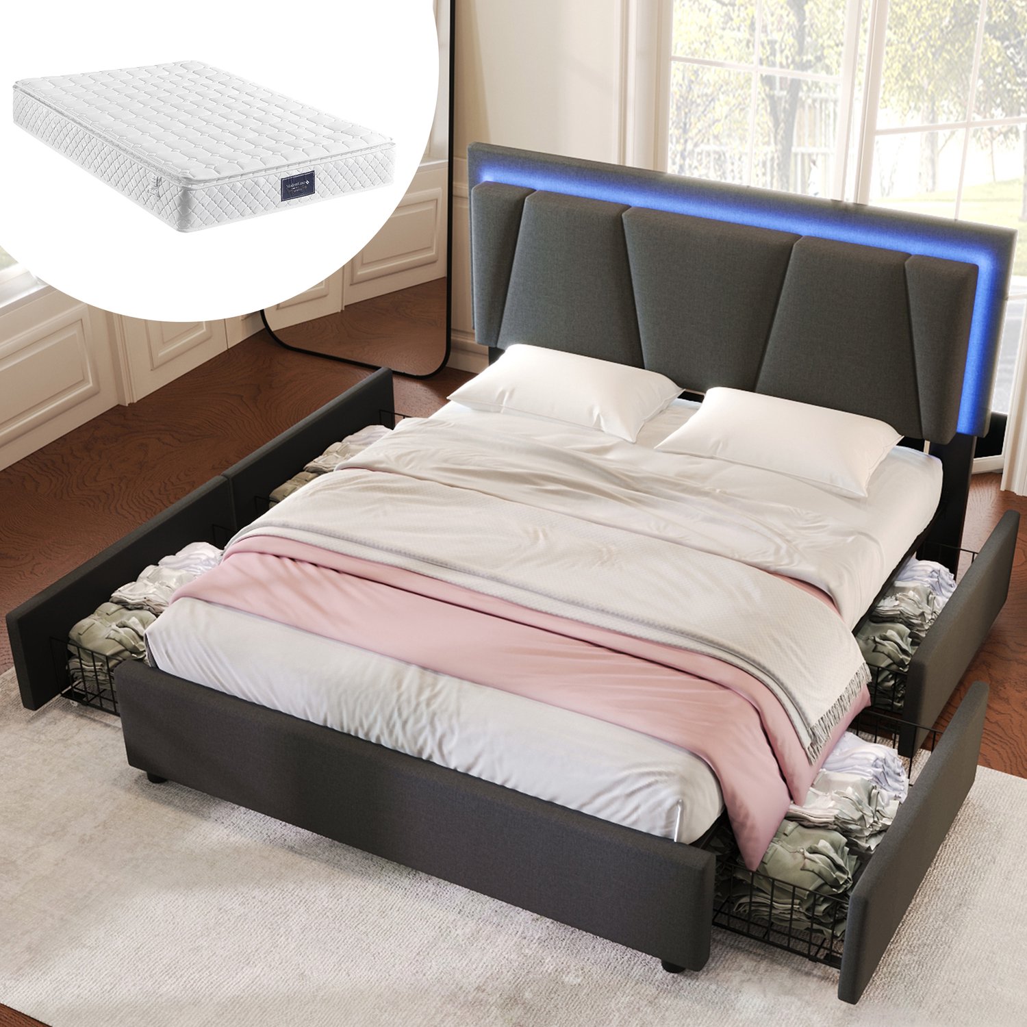 Clruro Tweepersoonsbed - 160x200 cm - met Matras - 4 Lades en LED - Linnen - Grijs