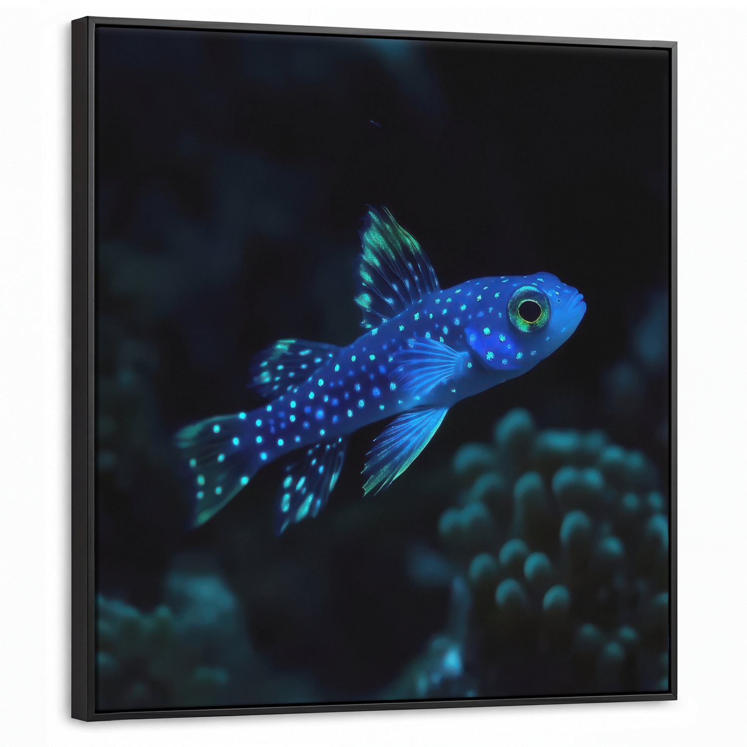 Canvas Schilderij met Baklijst 90x90cm - Vis - Stippen - Koraal - Blauw - Muurdecoratie woonkamer - Slaapkamer decoratie - Kamer accessoires - Schilderijen op canvas met lijst