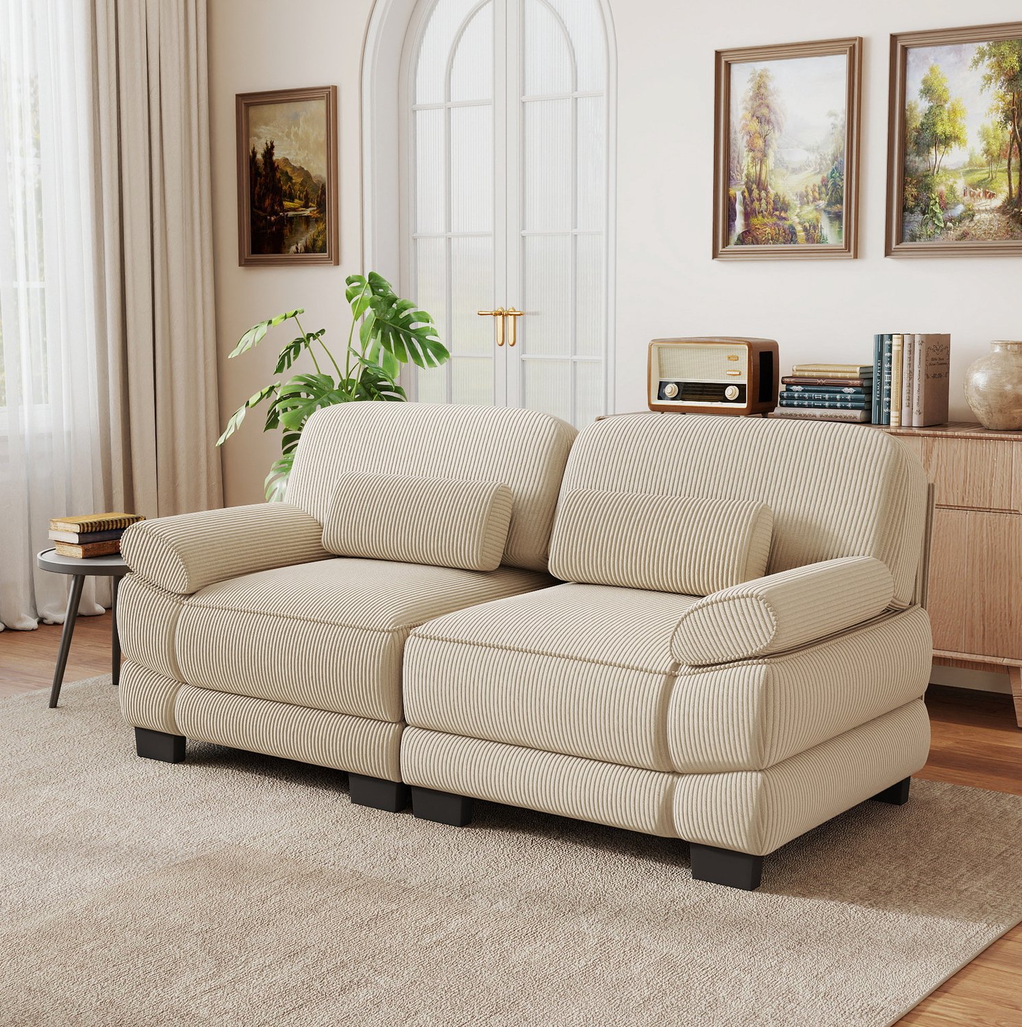OKWISH Zitbank 194 x 88,5 x 94 cm - 2 Zitplaatsen met Modulaire Elementen en Lendenkussen - voor Woonkamer en Appartement - Ribstof - Beige