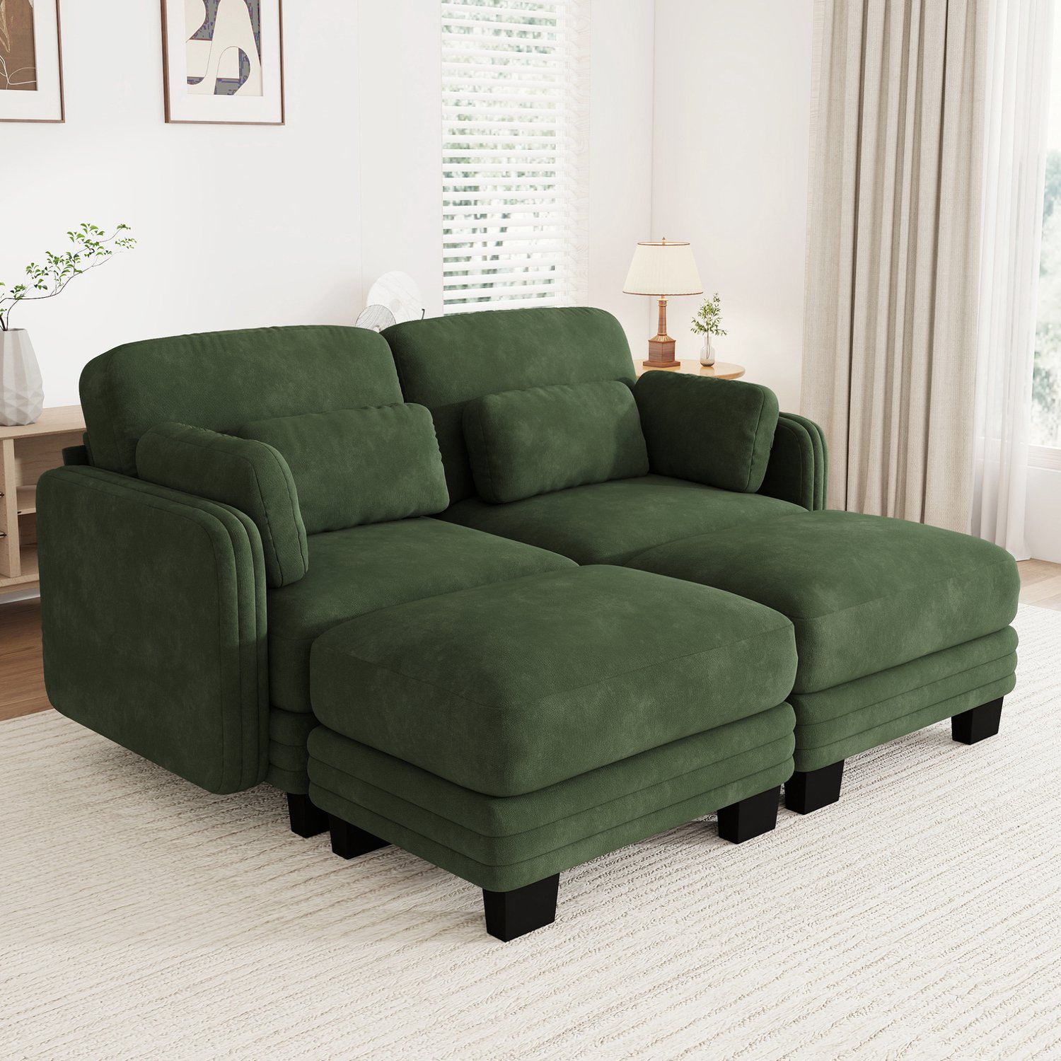 MIVRAY U-bank 176 x 143 x 88 cm - Modulair met Twee Hockers en Verplaatsbare Kussens - voor Woonkamer en Appartement - Chenille - Groen
