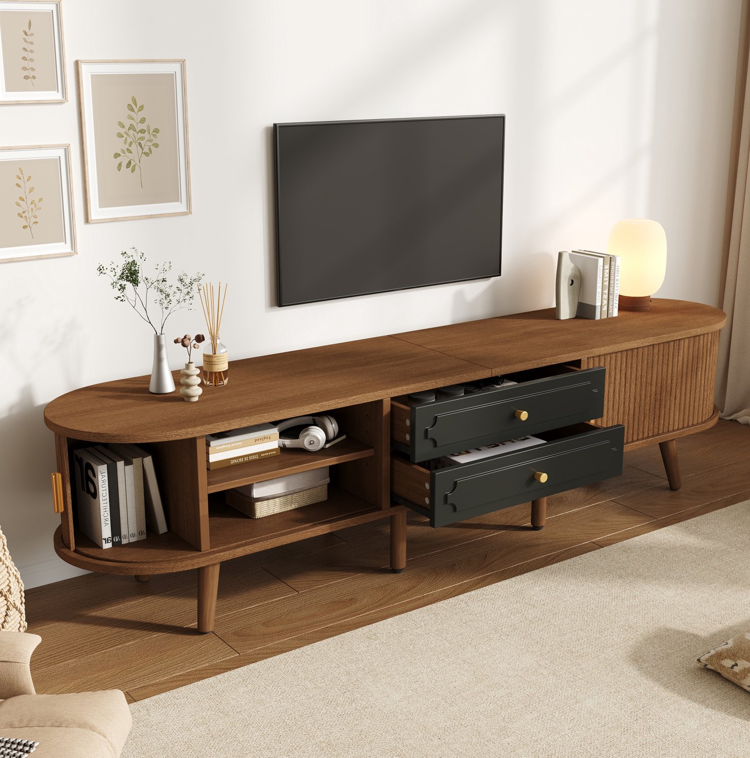 OKWISH Tv-Meubel - 2 Laden en 2 Schuifdeuren - Verstelbare Planken - Voor Woonkamer en Tv tot 70 Duim - MDF Walnootkleur - 170 x 40 x 43 cm