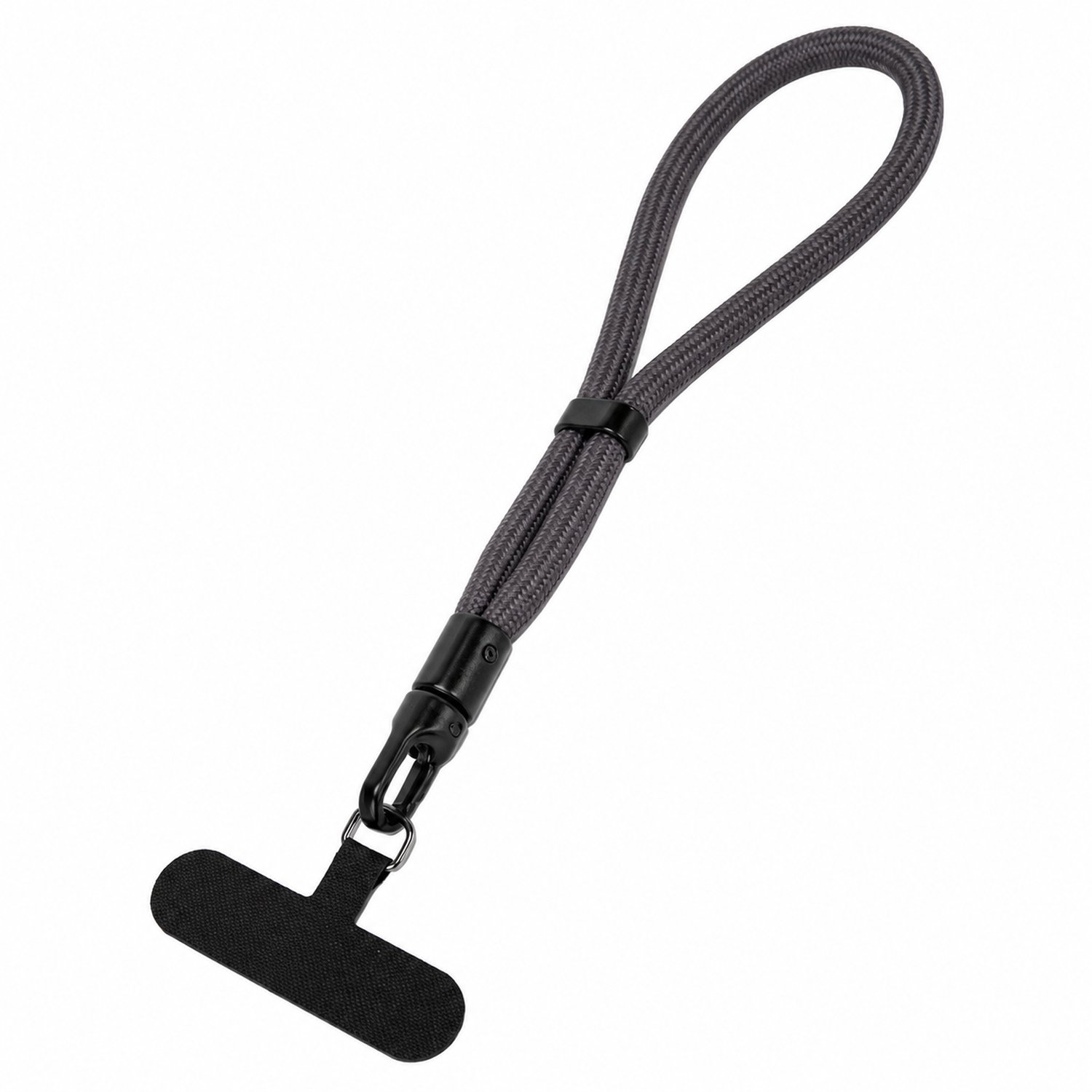 Telefoonkoord voor de pols 20 cm - Grijs gevlochten polyester - Verstelbaar met 360° draaibare metalen sluiting en zwarte bevestigingspad - Apart verpakt in PP-zakje