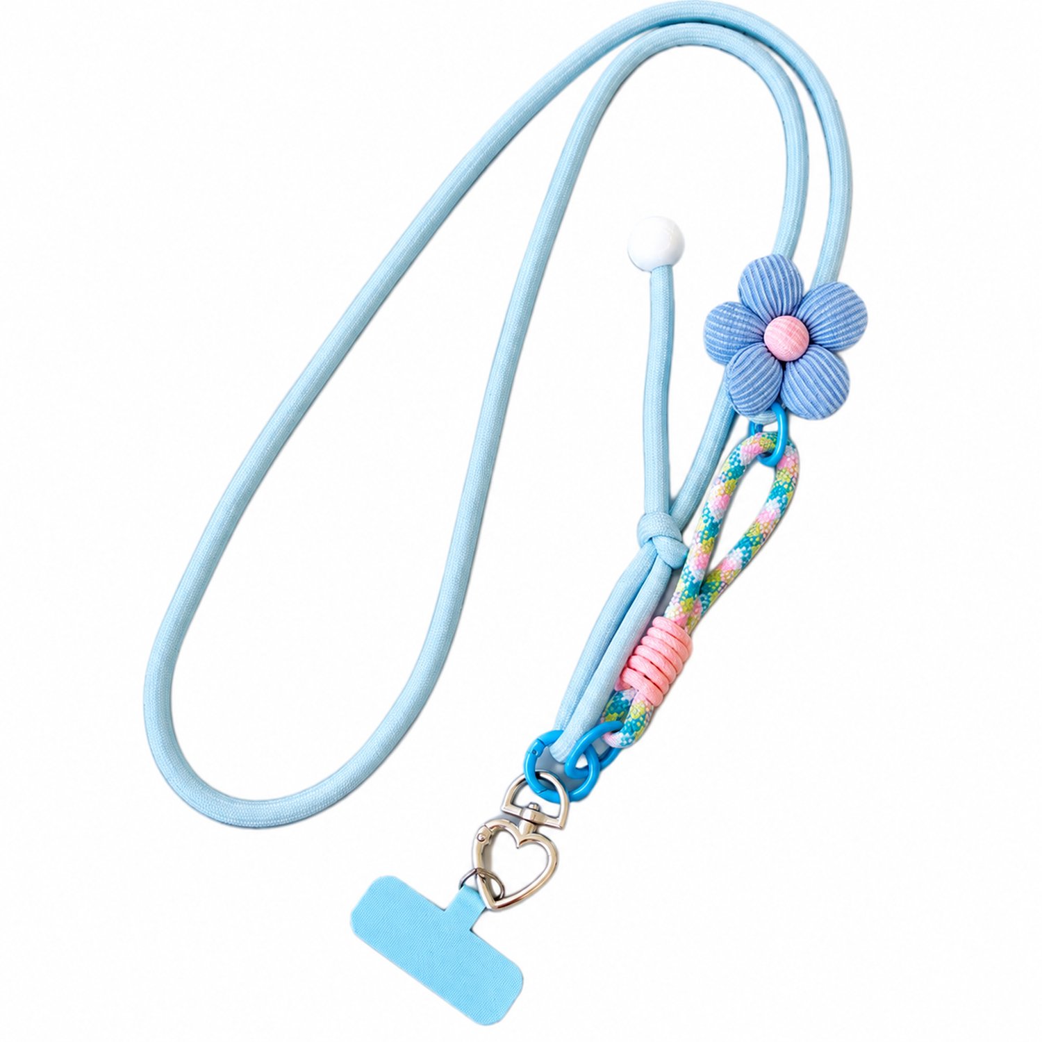Telefoonkoord voor crossbody dragen, lang en lichtblauw, met blauwe bloem, roze hart, veelkleurige lus, pareldetail en grote blauwe T-vormige kaart