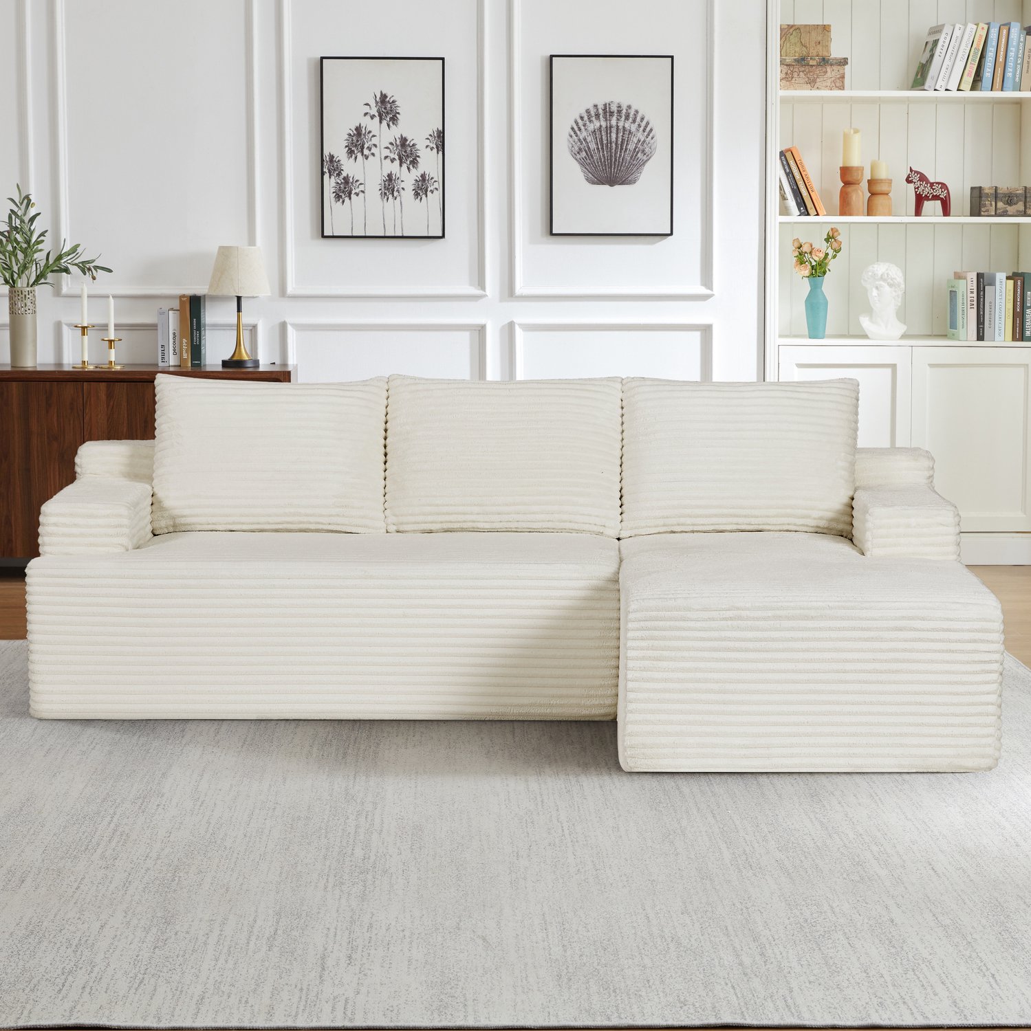 MODENUIT Hoekbank 238 cm - Modulaire L-Vorm Zonder Montage - Woonkamer en Logeerkamer - Ribstof - Beige