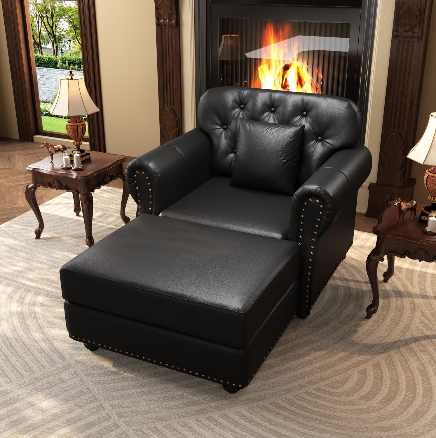 MODENUIT Chesterfield Fauteuil 105 x 76 x 86 cm - Met Hocker en Kussen - Woonkamer - Kunstleer - Zwart