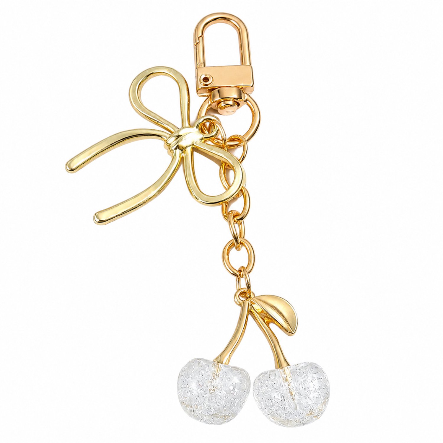 Sleutelhanger met witte glitterkersen en goudkleurige strik, met haaksluiting en ketting als tashanger