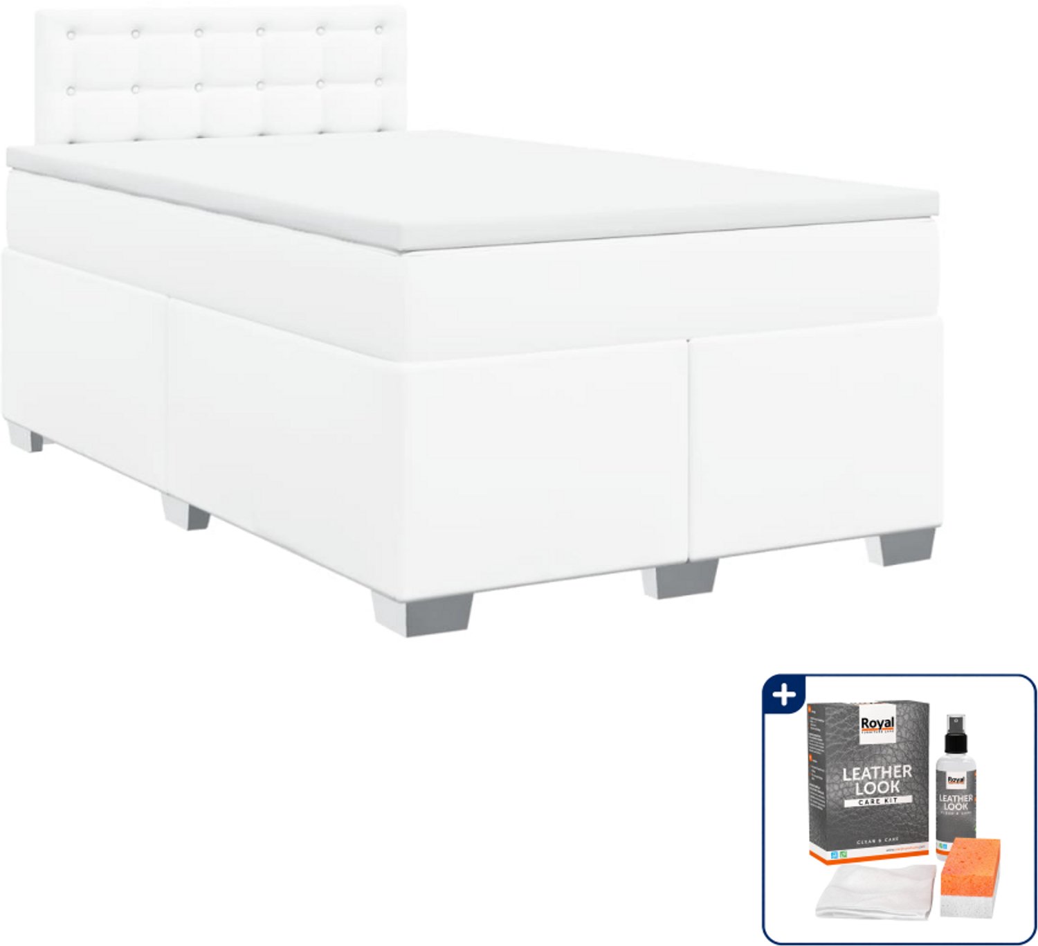 vidaXL boxspring met matras 120 x 200 cm - kunstleer - wit - Inclusief onderhoudsset voor kunstleer 150 ml