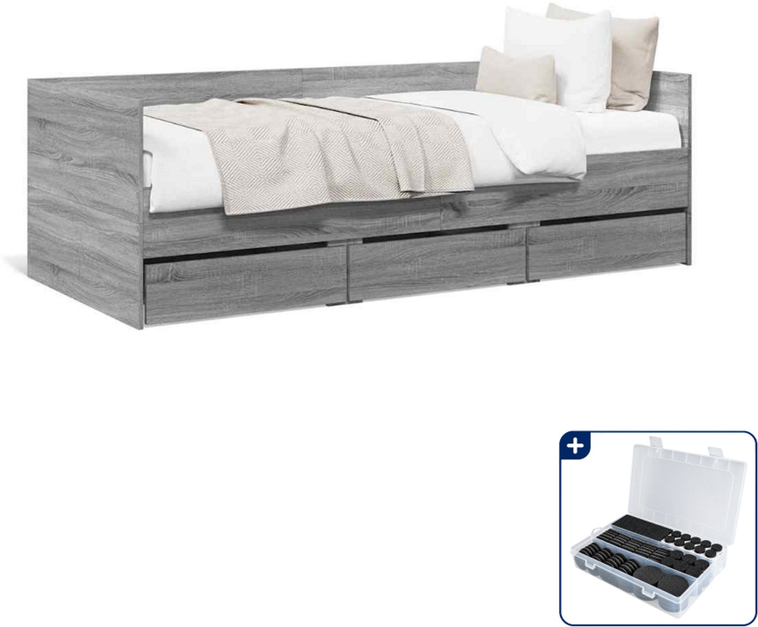 vidaXL slaapbank met 3 lades - 90 x 190 cm - bewerkt hout - grijs - Inclusief antikrasvilt 177-delig
