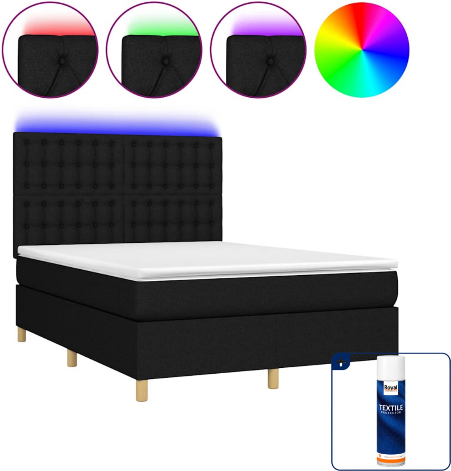 vidaXL Boxspring - Small double - 140 x 200 cm - met LED - zwart - Inclusief textielbeschermer 500 ml