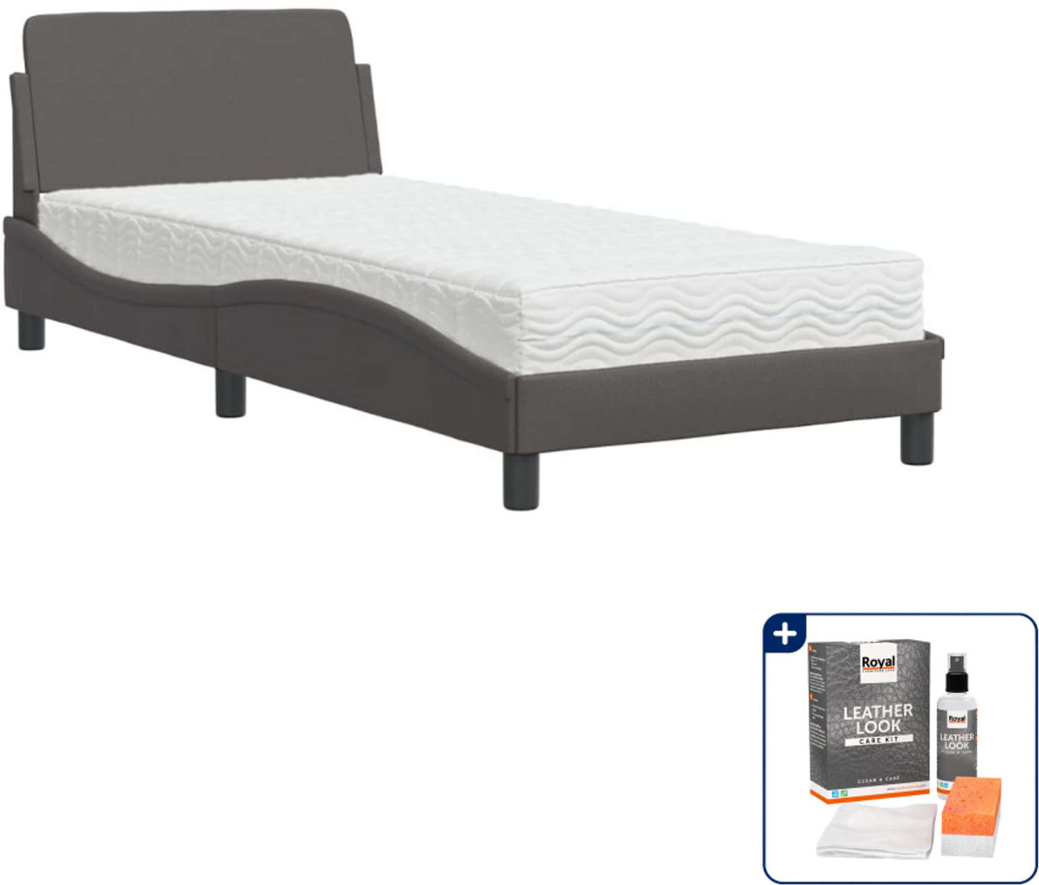 vidaXL Dover bed met matras - 90 x 190 cm - kunstleer - grijs - Inclusief onderhoudsset voor kunstleer 150 ml Groen