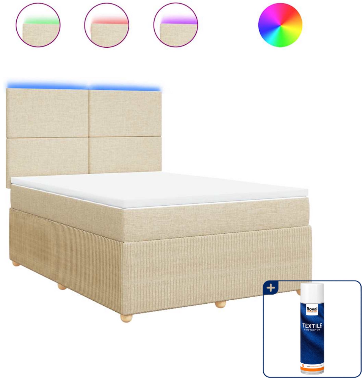 vidaXL boxspring met matras - 140 x 190 cm - stof - crèmekleurig - Inclusief textielbeschermer 500 ml