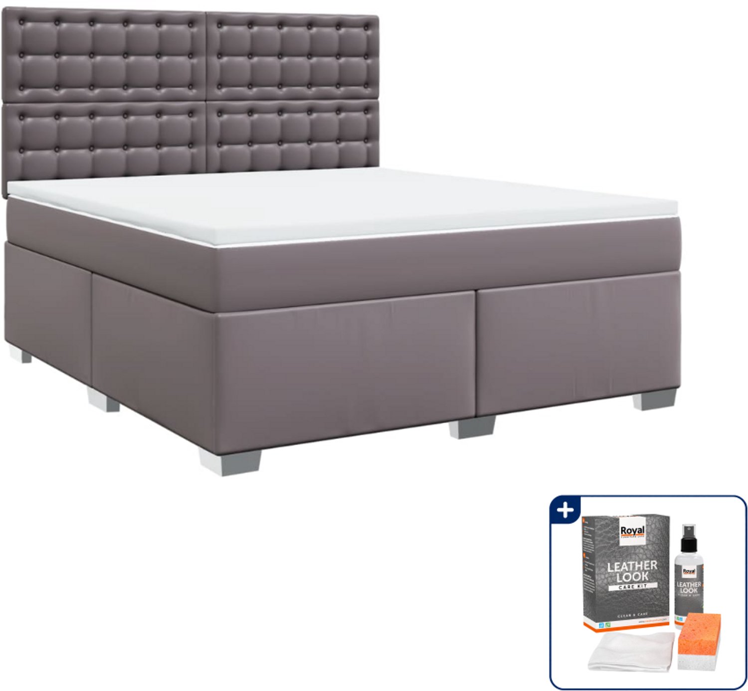 vidaXL boxspring met matras Kingsize - 180 x 200 cm - grijs - Inclusief onderhoudsset voor kunstleer 150 ml