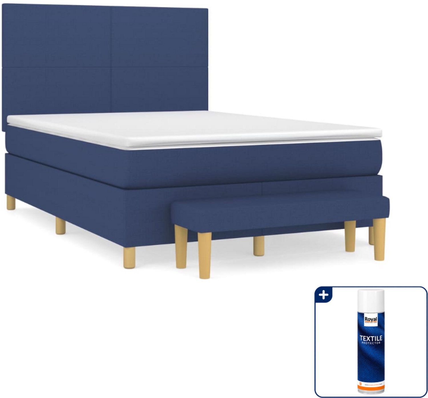 vidaXL boxspring met matras en bankje - 140 x 190 cm - blauw - Inclusief textielbeschermer 500 ml