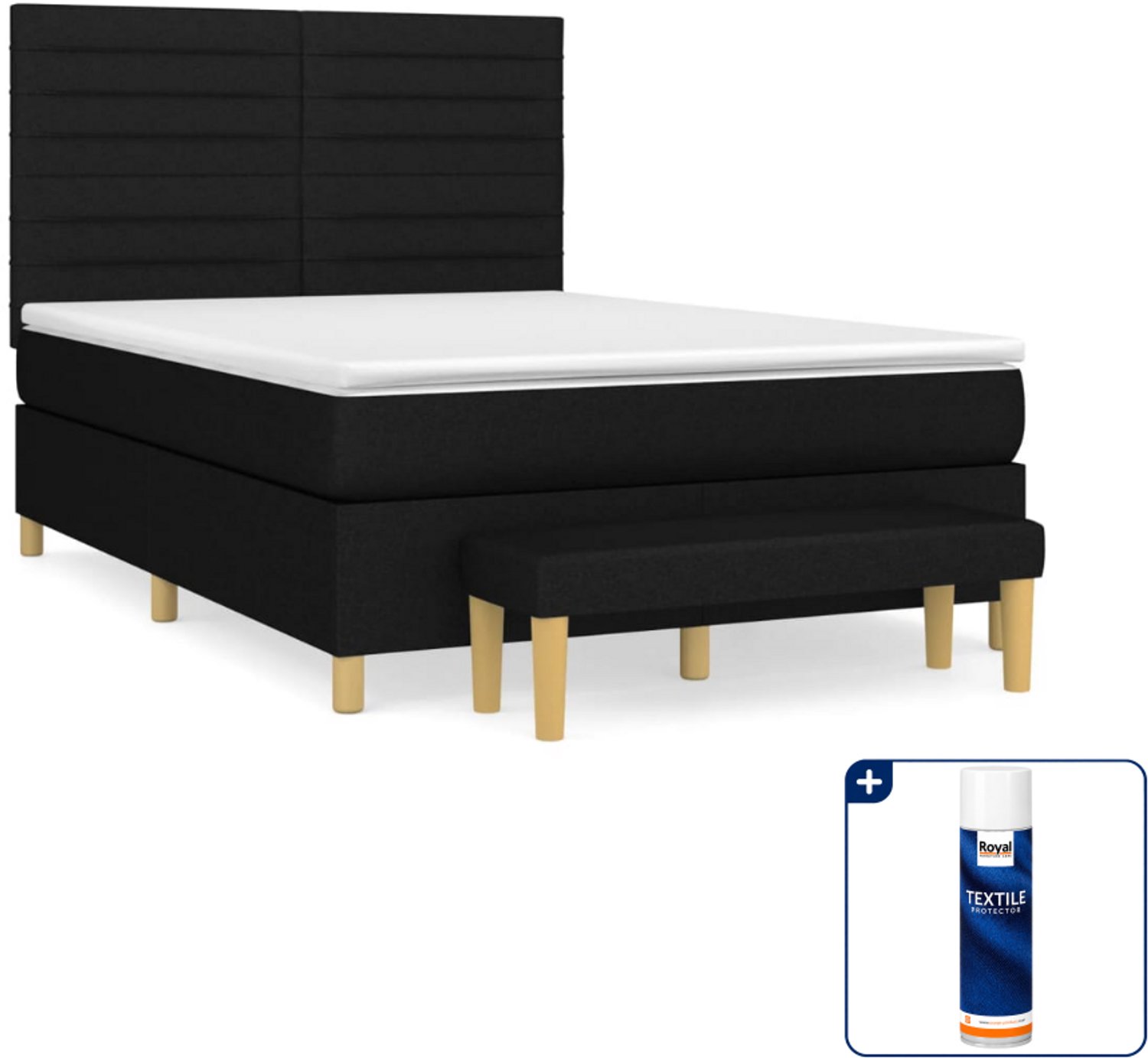 vidaXL boxspring met matras en bankje - 140 x 190 cm - zwart - Inclusief textielbeschermer 500 ml