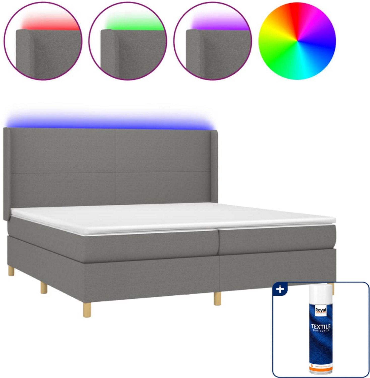 vidaXL boxspring met matras en led - super kingsize - 200x200 - donkergrijs - Inclusief textielbeschermer 500 ml