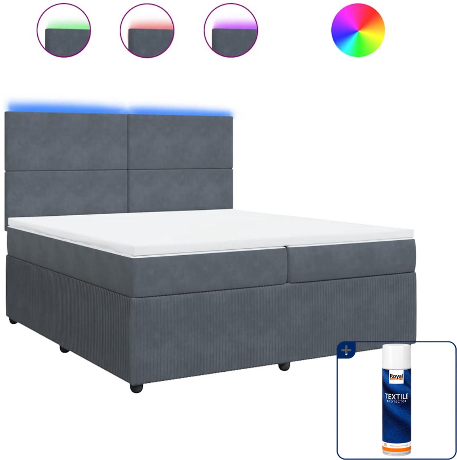 vidaXL Boxspring Super kingsize - 200 x 200 cm - fluweel - donkergrijs - Inclusief textielbeschermer 500 ml
