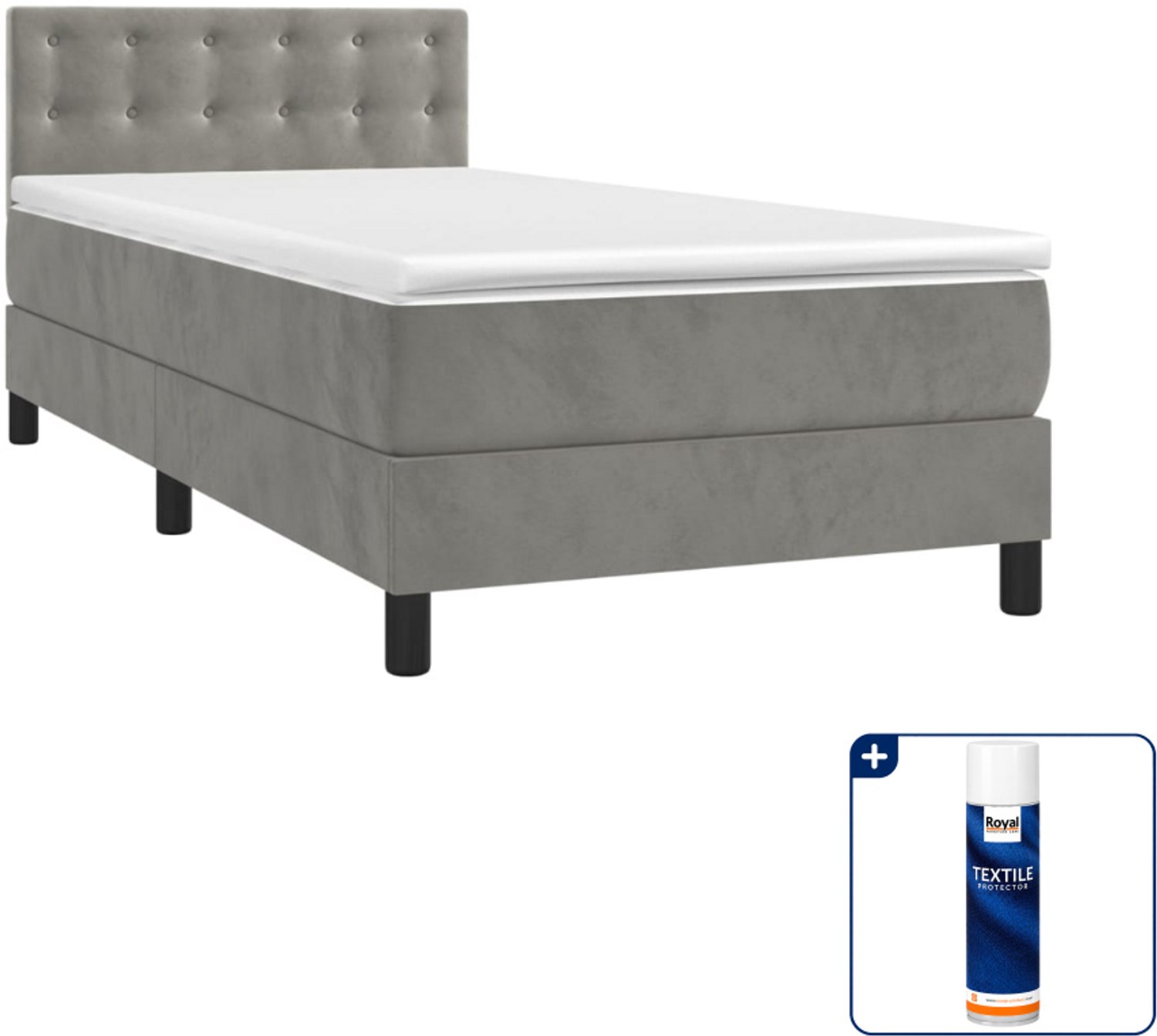 vidaXL boxspring met matras 90 x 190 cm - fluweel - lichtgrijs - Inclusief textielbeschermer 500 ml