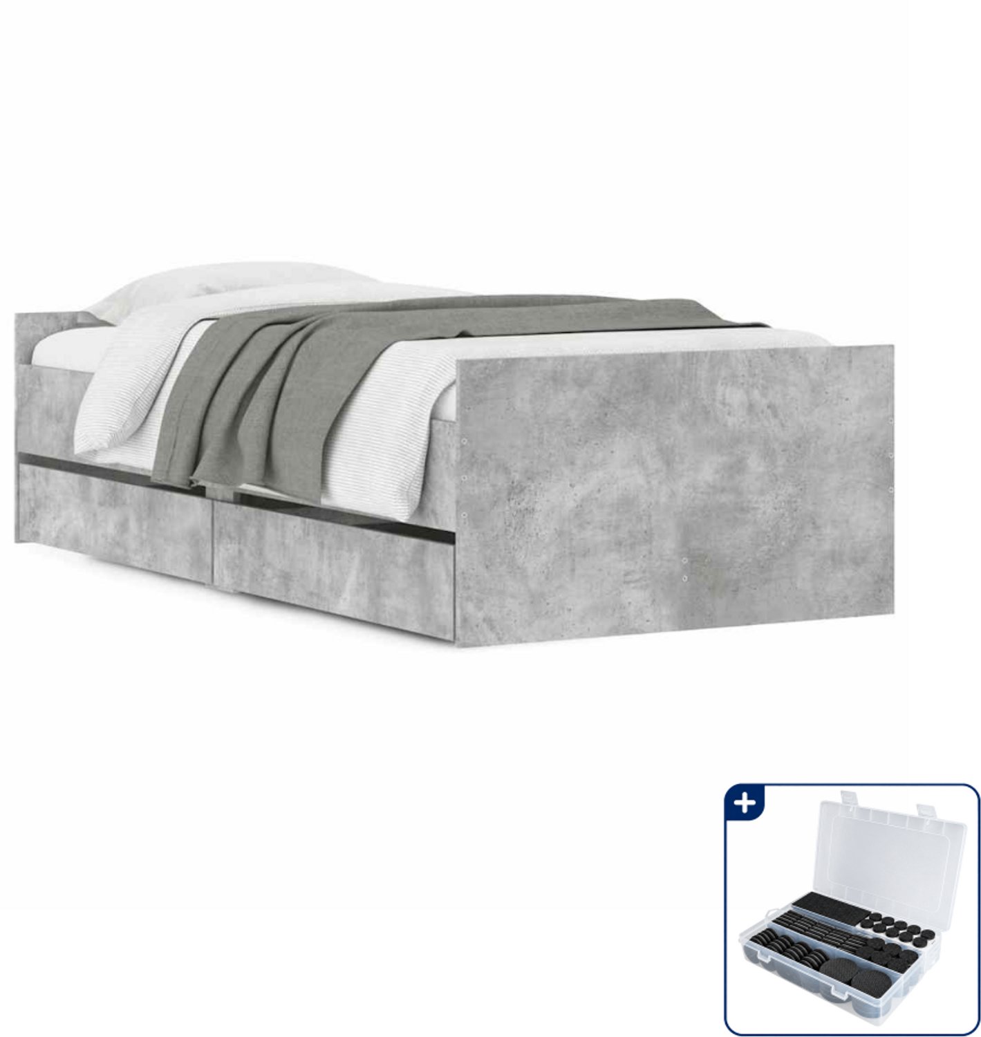 vidaXL bedframe met lades - 100 x 200 cm - bewerkt hout - betongrijs - Inclusief antikrasvilt 177-delig