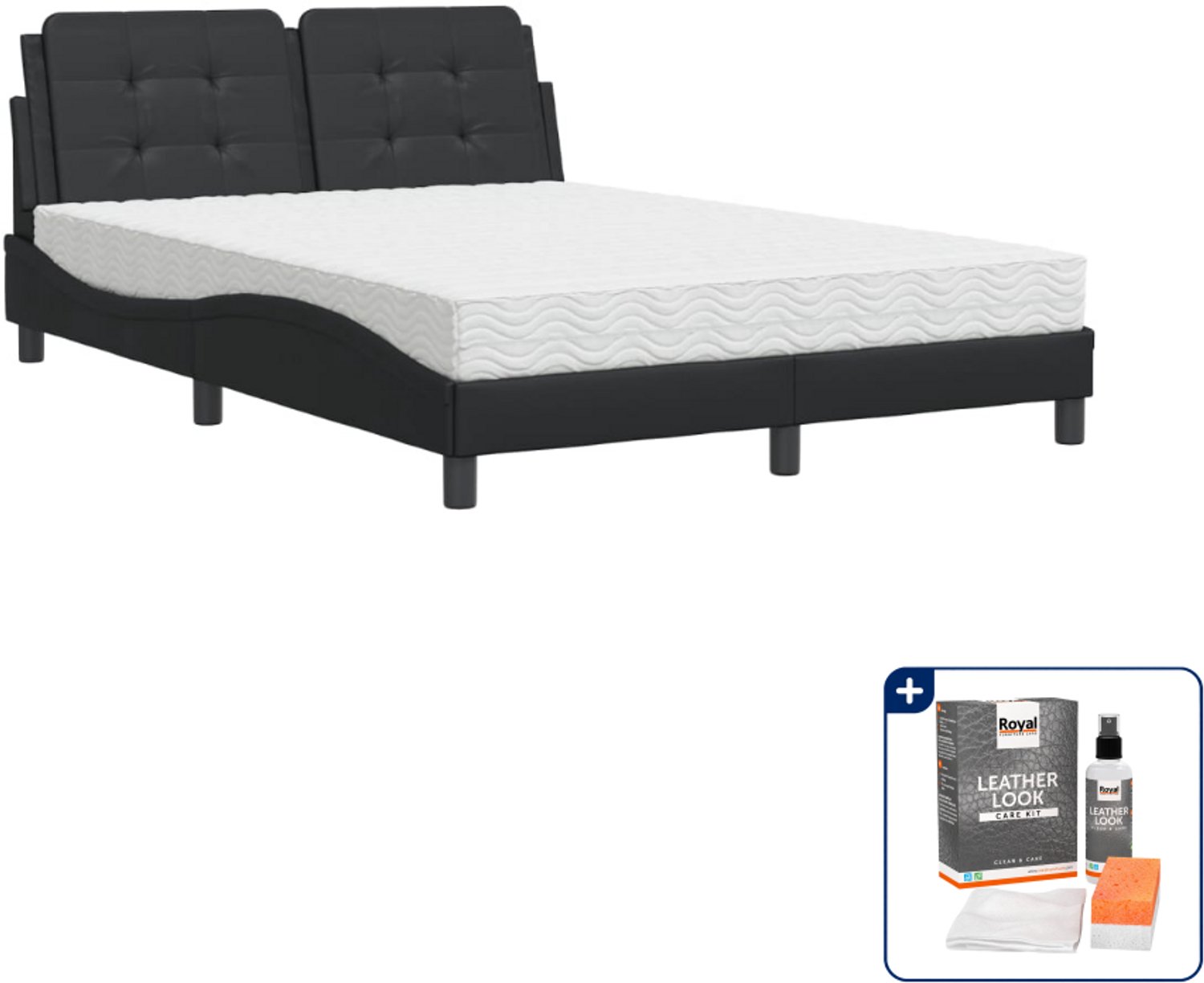 vidaXL Bed met matras Zadar 140 x 190 cm - kunstleer - zwart - Inclusief onderhoudsset voor kunstleer 150 ml Wit