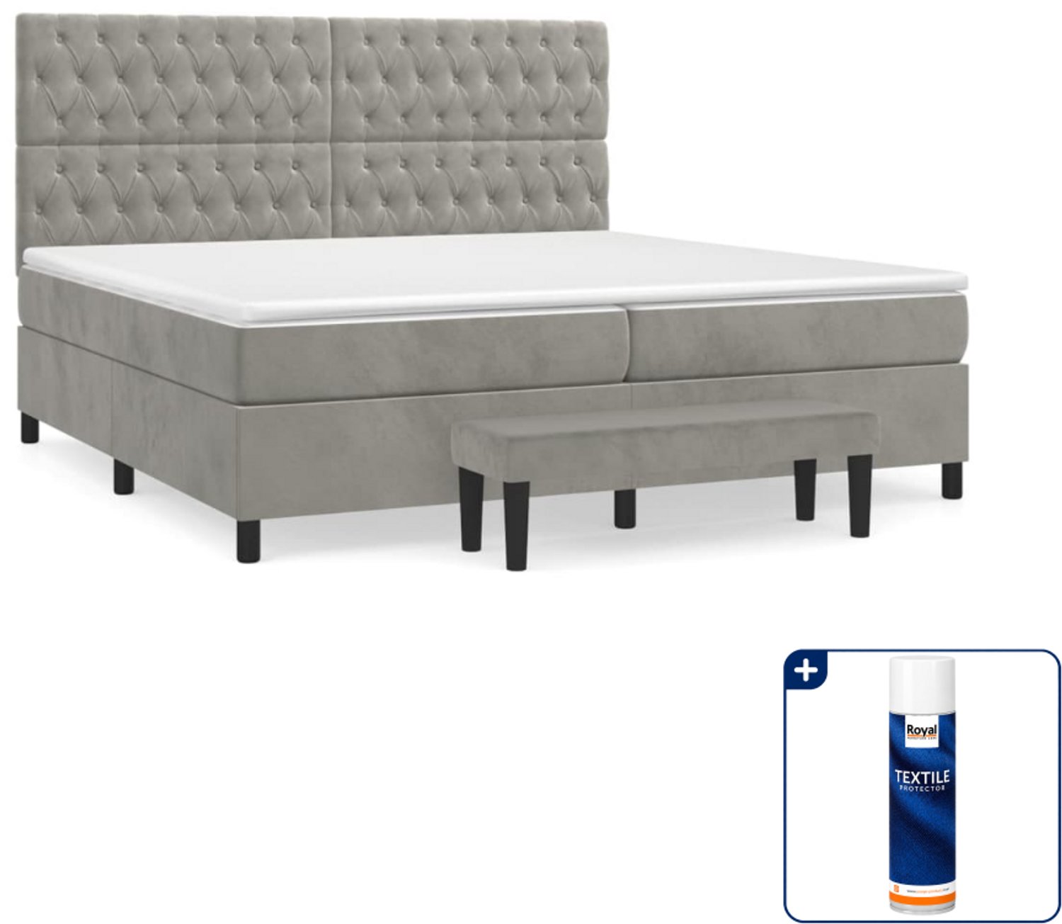 vidaXL Super kingsize boxspring met matras en bankje - lichtgrijs - Inclusief textielbeschermer 500 ml