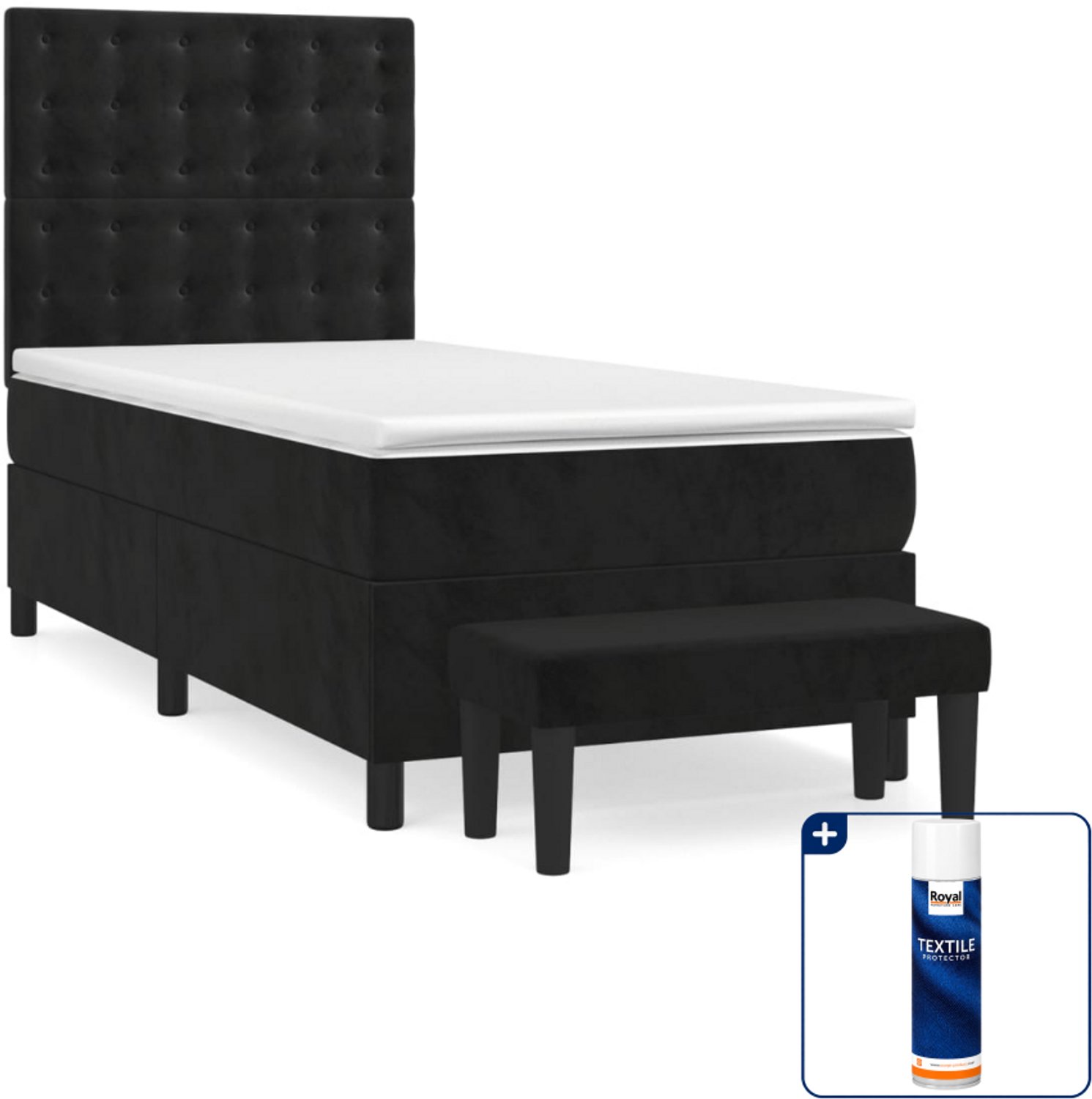 vidaXL boxspring met matras en bankje - 80 x 200 cm - fluweel - zwart - Inclusief textielbeschermer 500 ml
