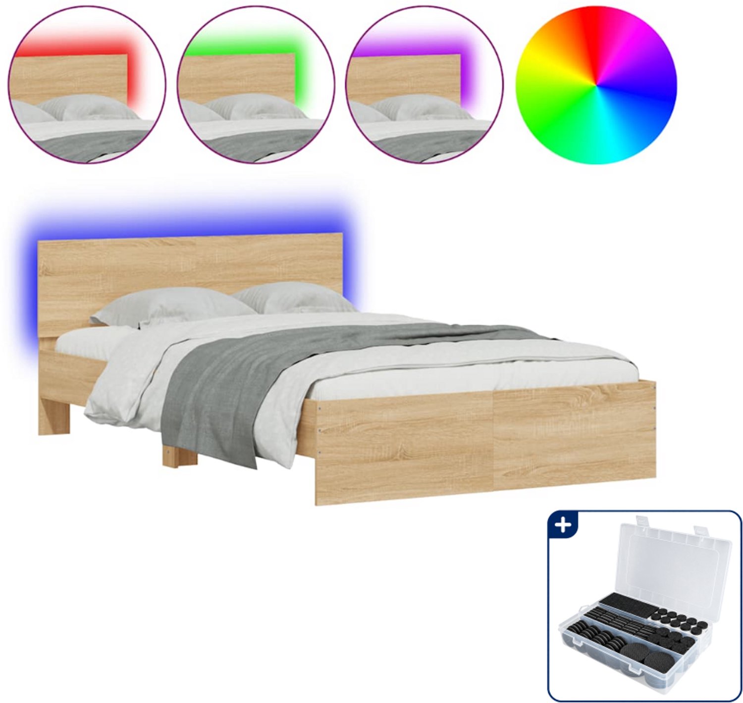vidaXL bedframe met led 120 x 190 cm - bewerkt hout - sonoma eiken - Inclusief antikrasvilt 177-delig