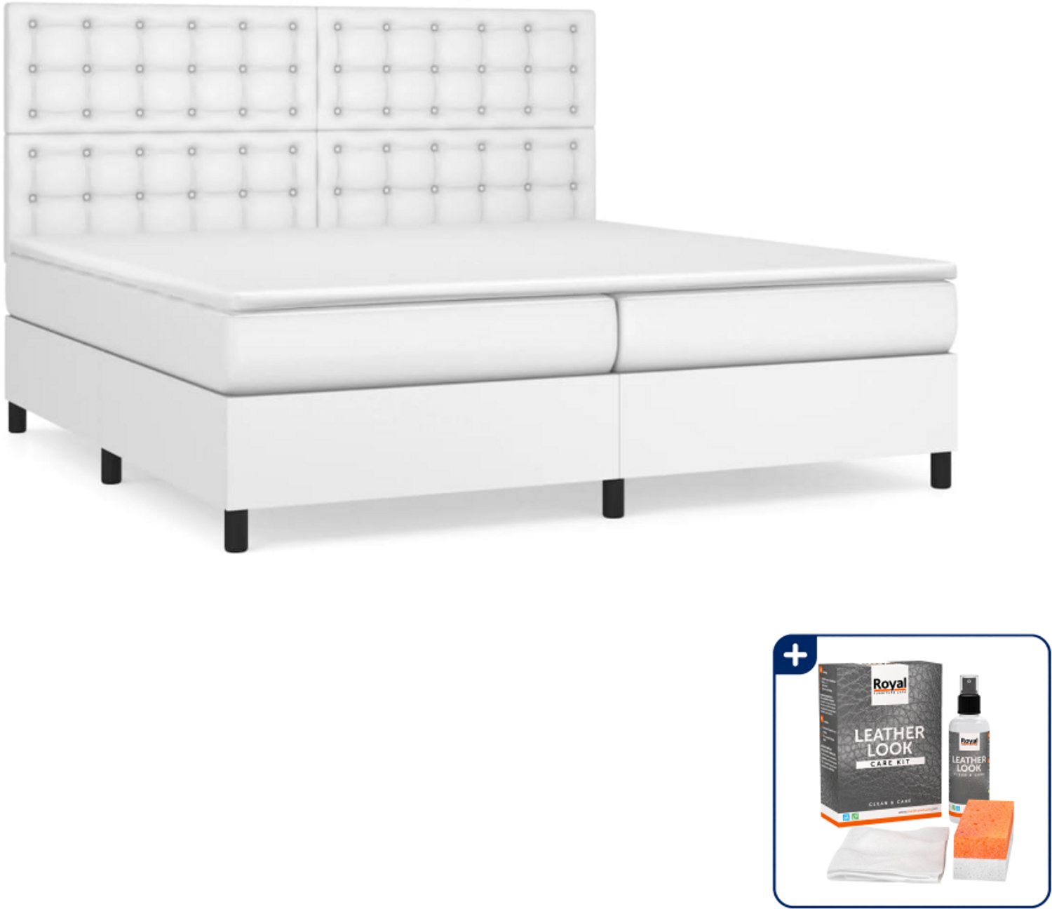 vidaXL boxspring - Super kingsize - 200 x 200 cm - kunstleer - wit - Inclusief onderhoudsset voor kunstleer 150 ml