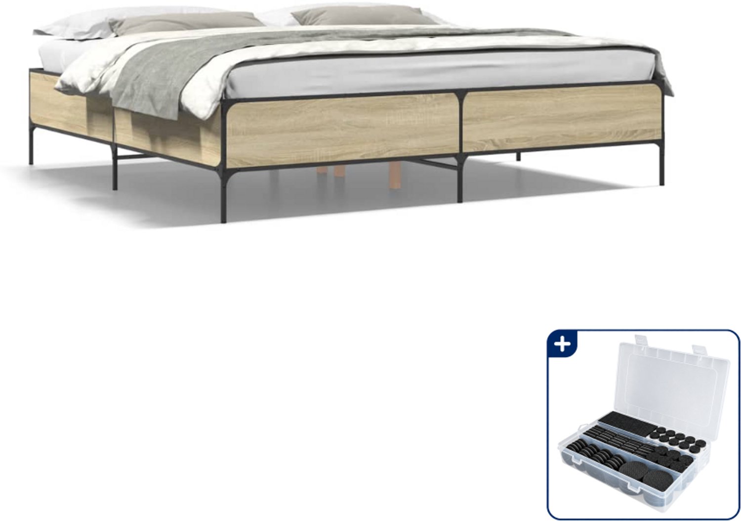 vidaXL Bedframe - 200 x 200 cm - bewerkt hout en staal - sonoma eiken - Inclusief antikrasvilt 177-delig Bruin
