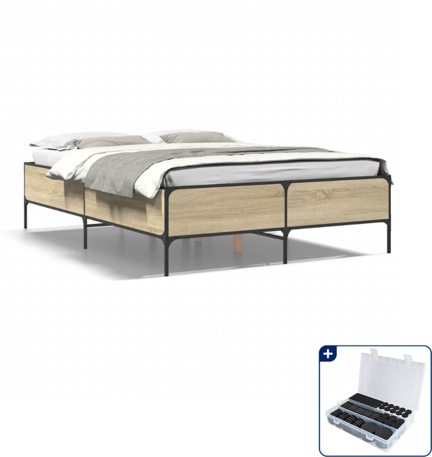 vidaXL Queensize bedframe 160 x 200 cm - bewerkt hout en staal - sonoma - Inclusief antikrasvilt 177-delig Bruin