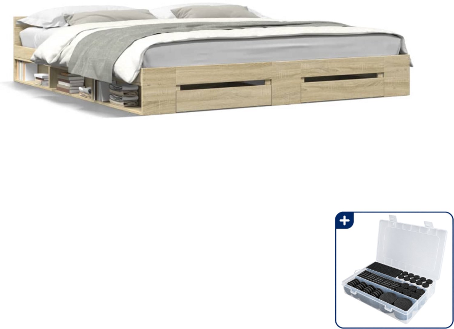 vidaXL bedframe Kingsize - 180 x 200 cm - bewerkt hout - sonoma eiken - Inclusief antikrasvilt 177-delig Bruin