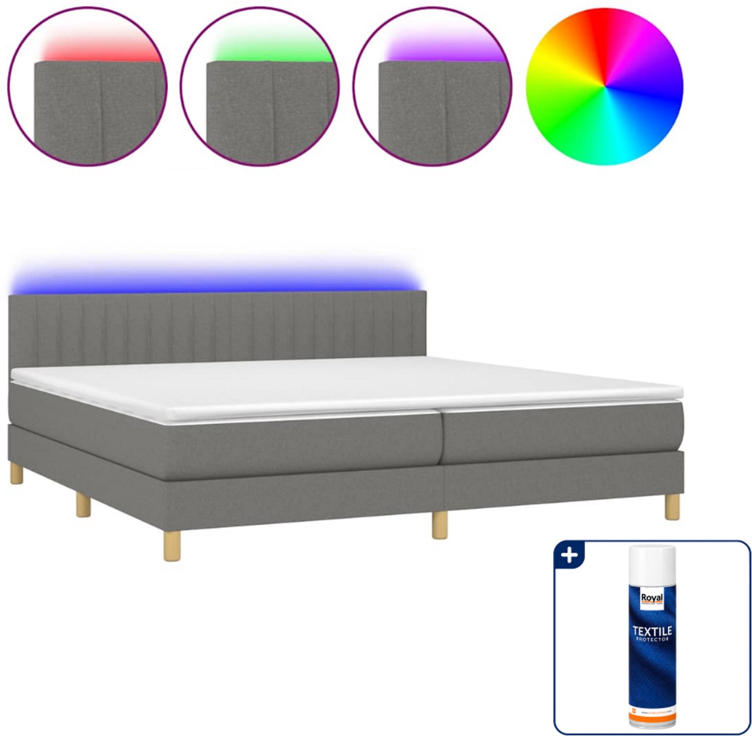 vidaXL boxspring met matras en LED - Super kingsize - donkergrijs - Inclusief textielbeschermer 500 ml