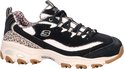 Linker Skechers D'Lites sneaker in zwart met beige details, luipaardprint en een dikke beige zool.
