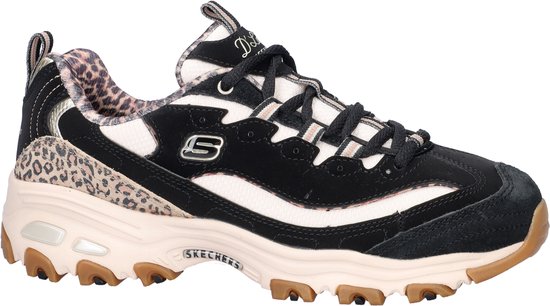Linker Skechers D'Lites sneaker in zwart met beige details, luipaardprint en een dikke beige zool.
