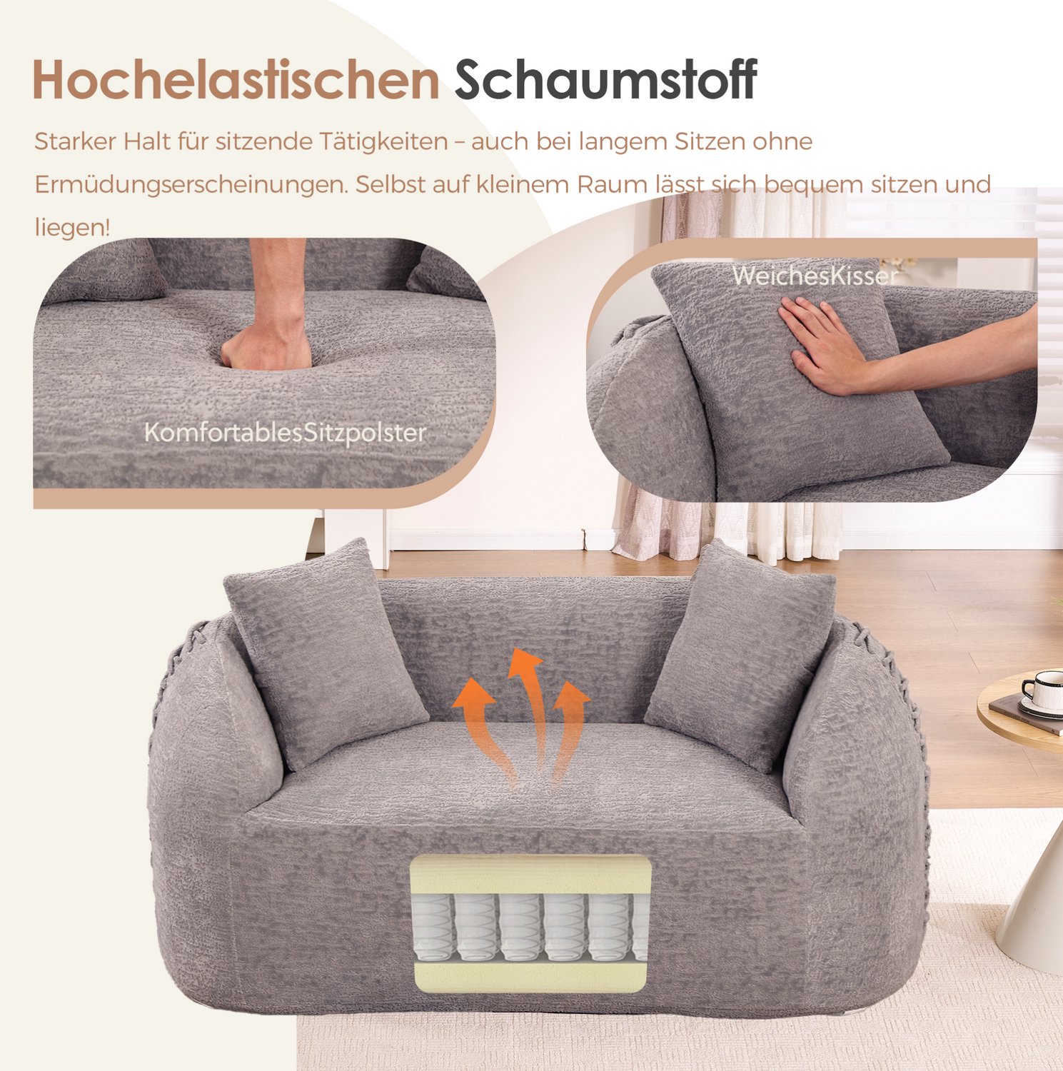 STILVORA Zitbank 155 x 90 x 67 cm - Gebogen Tweezitsbank met Sierkoord en Twee Kussens - Voor Woonkamer en Slaapkamer - Chenille - Lichtgrijs