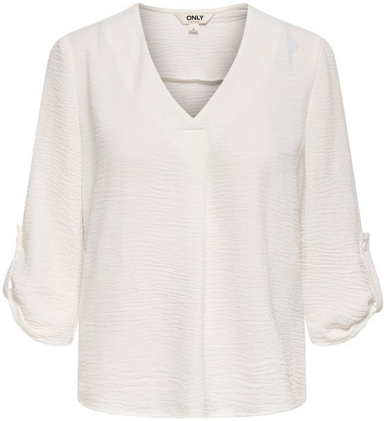Witte blouse met V-hals, structuur en opgerolde mouwen, label 'ONLY' zichtbaar.