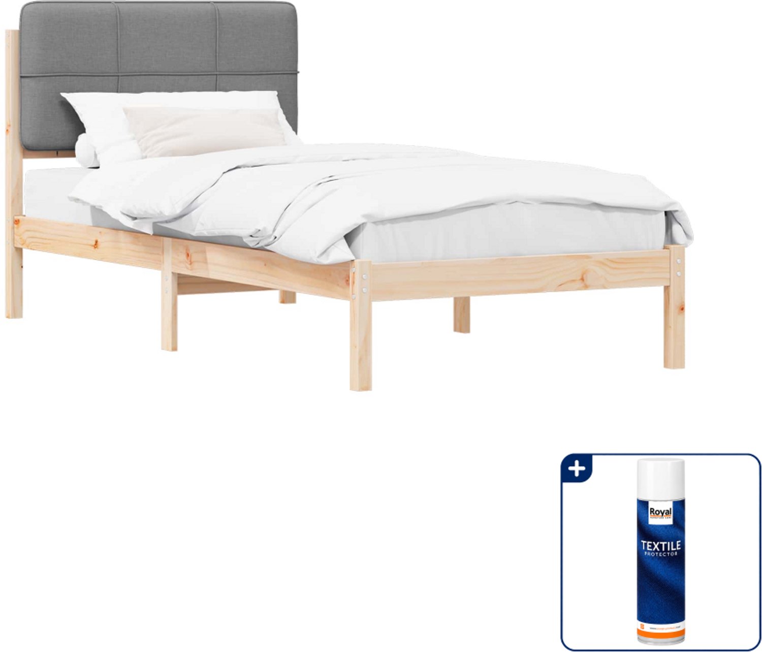vidaXL Bedframe - 75 x 190 cm - massief grenenhout - lichtgrijs - Inclusief textielbeschermer 500 ml