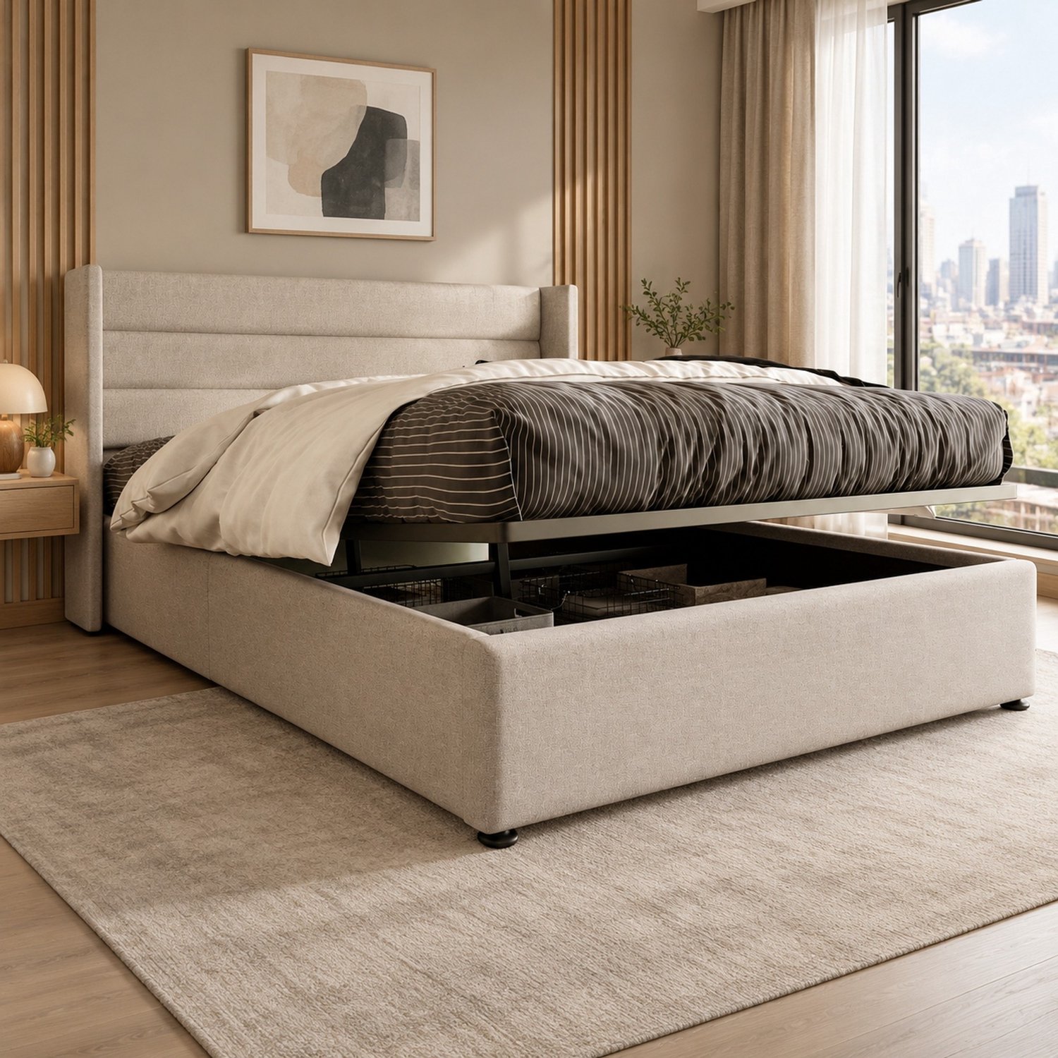 Maisentiel Gestoffeerd tweepersoonsbed met opbergruimte en lattenbodem - 160 x 200 cm - beige