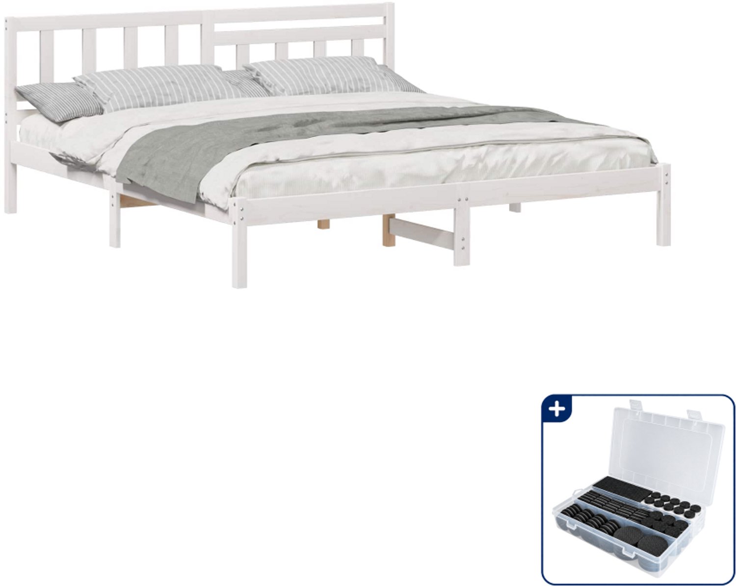 vidaXL bedframe met hoofdeinde - 200 x 200 cm - massief grenen - wit - Inclusief antikrasvilt 177-delig