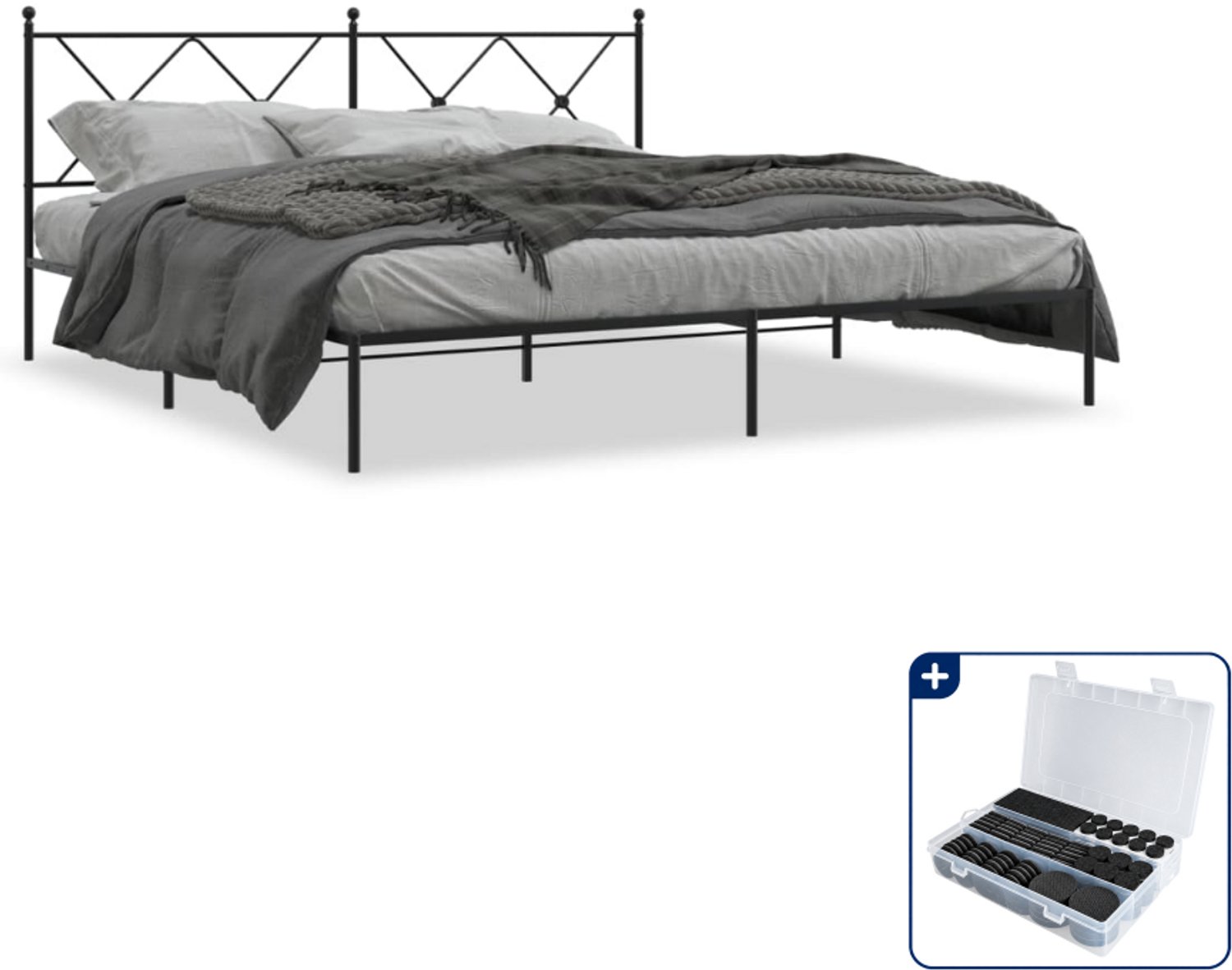 vidaXL bedframe met hoofdbord - 183 x 213 cm - staal - zwart - Inclusief antikrasvilt 177-delig