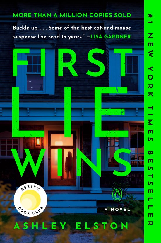 Boekomslag van First Lie Wins met silhouet in een verlicht huis en neon-groene tekst.