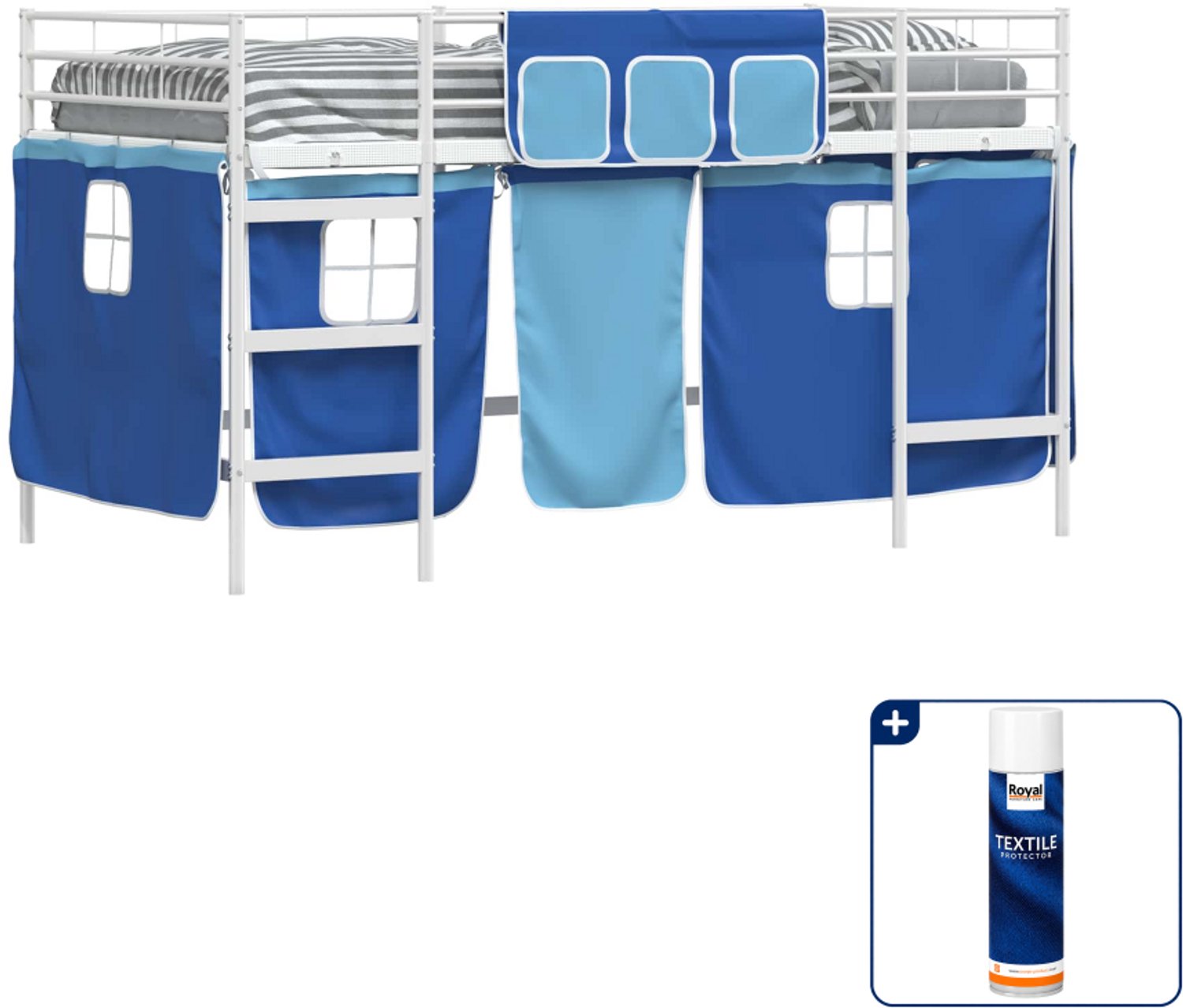 vidaXL kinderhoogslaper met gordijnen - 90 x 200 cm - wit en blauw - Inclusief textielbeschermer 500 ml