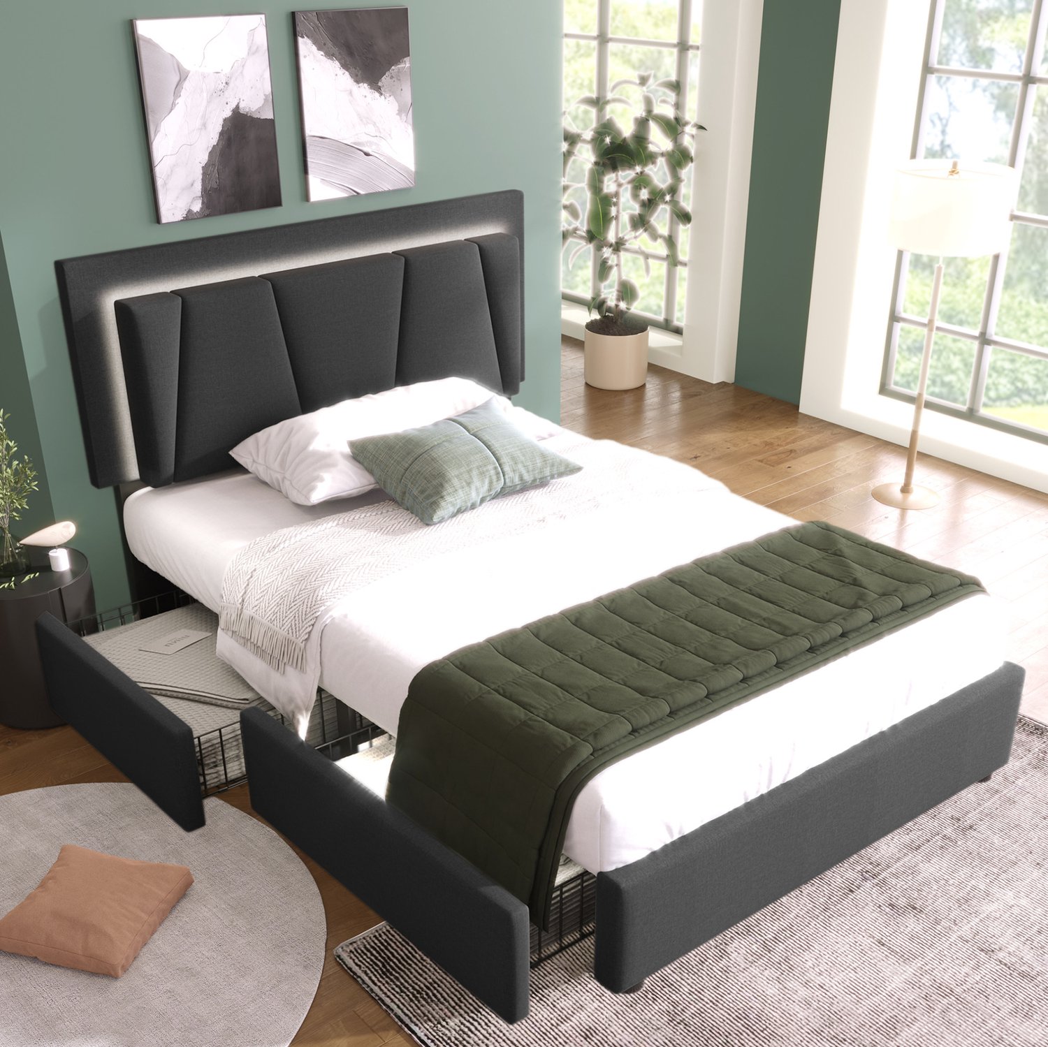 Maisentiel Eenpersoonsbed 90x200 cm met LED-verlichting, verstelbaar hoofdbord en 2 bedladen - grijs