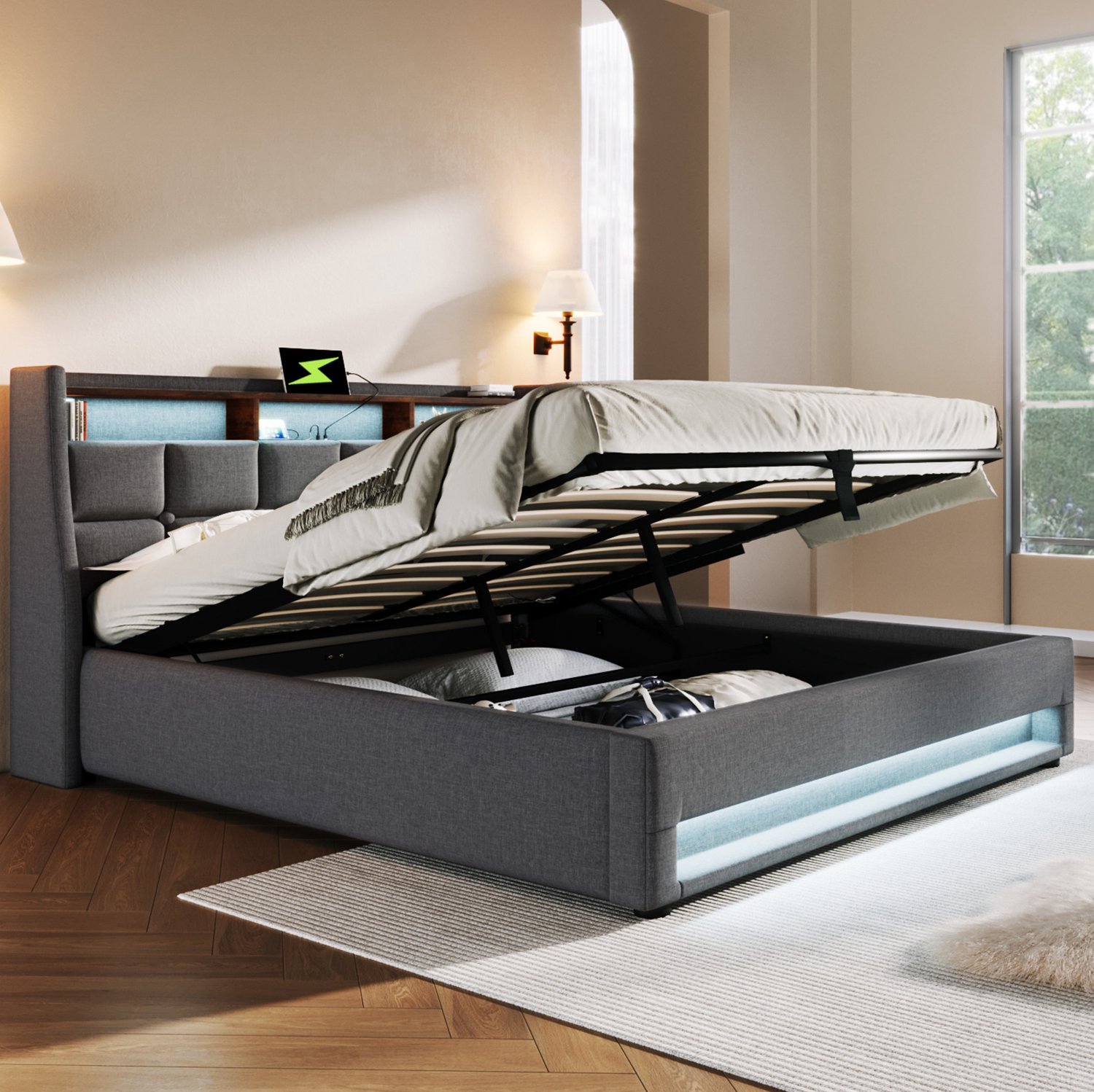 Maisentiel Gestoffeerd bed 160x200 cm - Grijs - Opbergruimte, LED en USB - Zonder matras
