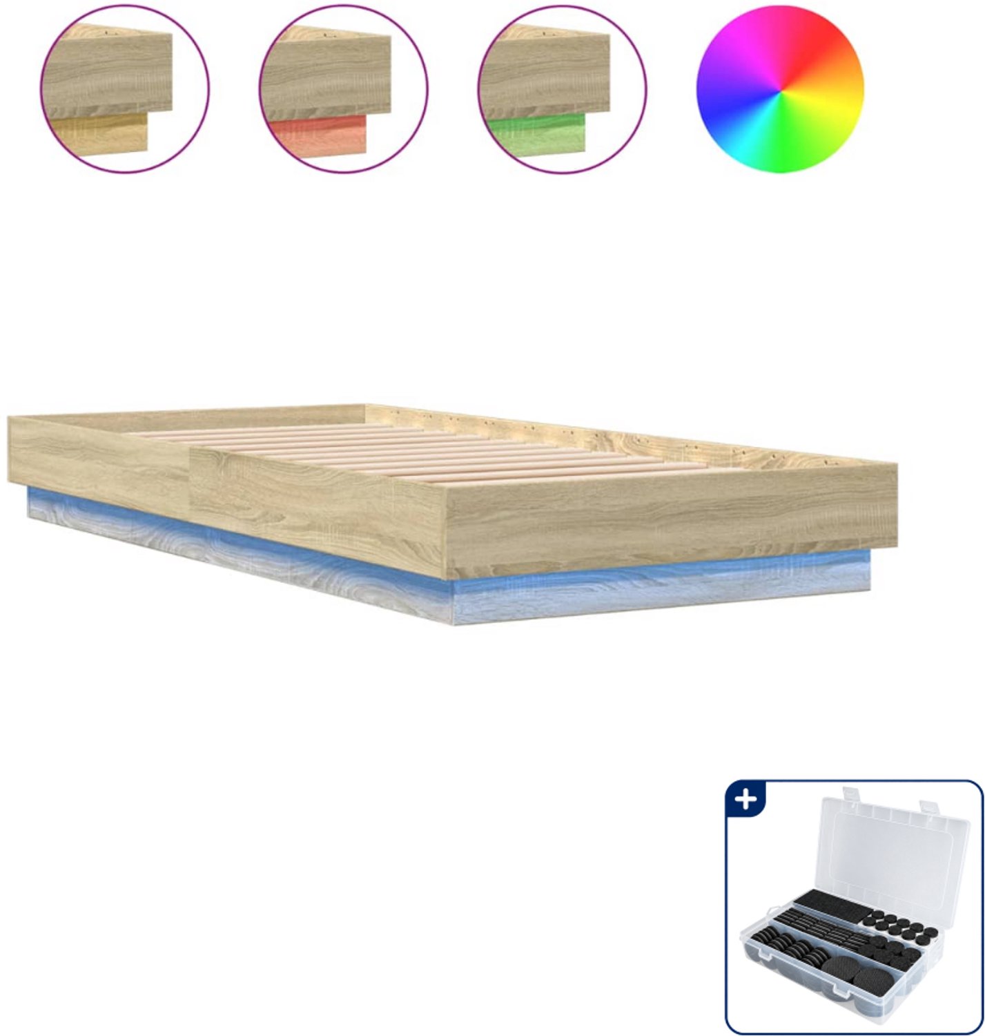 vidaXL bedframe met led - 90 x 200 cm - bewerkt hout - sonoma eiken - Inclusief antikrasvilt 177-delig Bruin