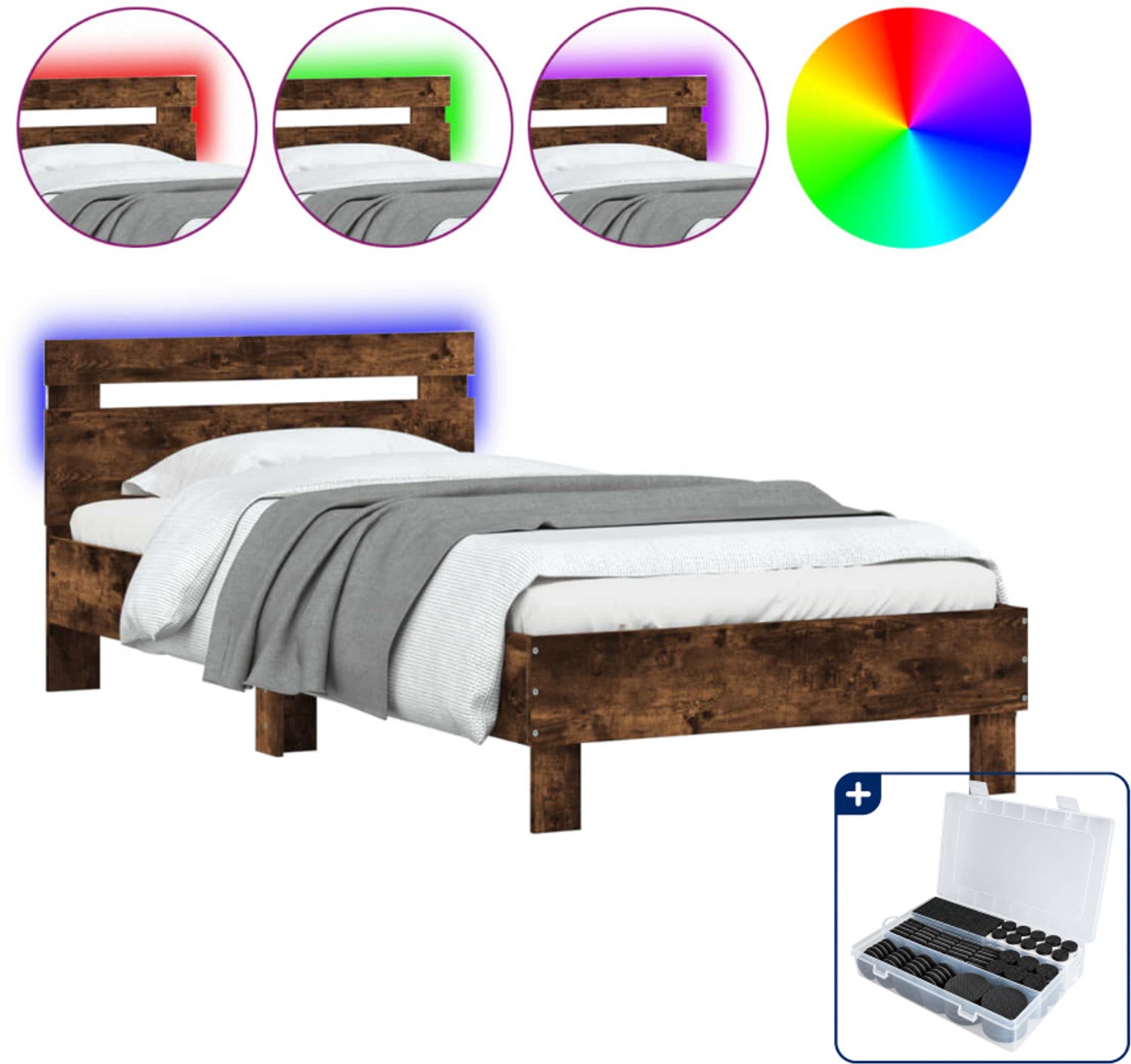 vidaXL Bedframe met hoofdbord en LED - 100 x 200 cm - gerookt eiken - Inclusief antikrasvilt 177-delig Bruin