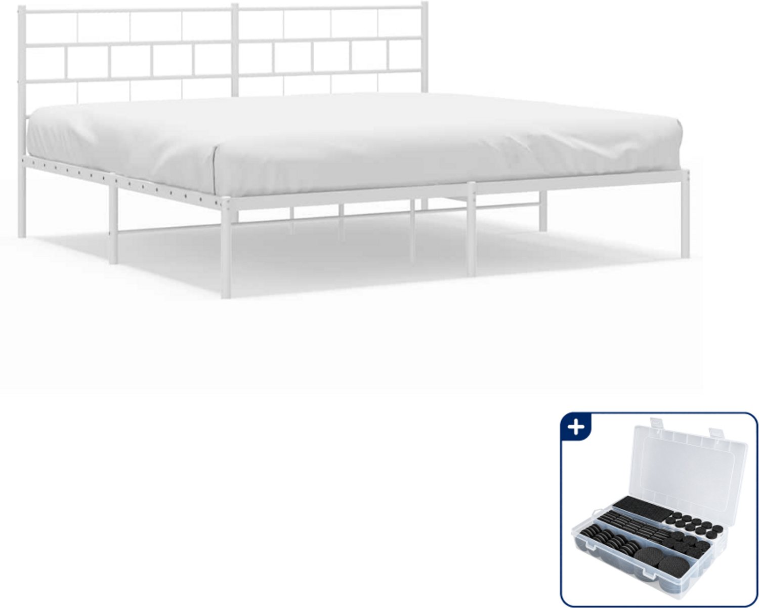 vidaXL bedframe met hoofdbord - 193 x 203 cm - staal - wit - Inclusief antikrasvilt 177-delig