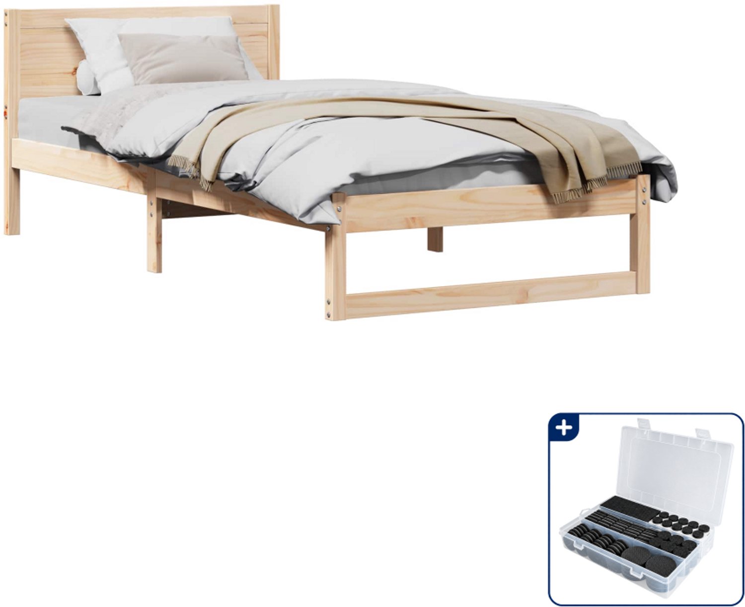 vidaXL bedframe met hoofdeinde - 80 x 200 cm - massief grenenhout - naturel - Inclusief antikrasvilt 177-delig Bruin