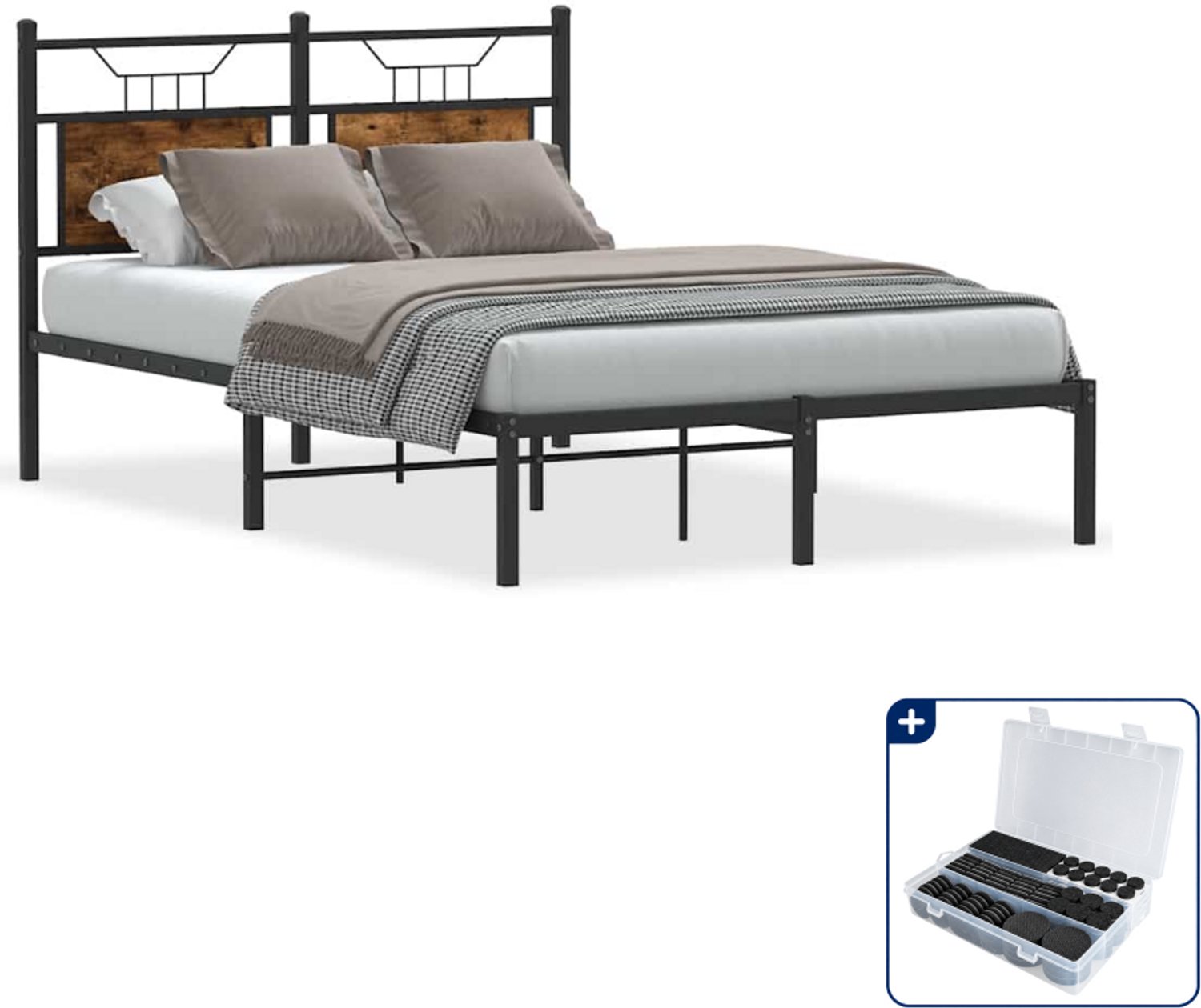 vidaXL bedframe - 120 x 200 cm - bewerkt hout en staal - gerookt eiken - Inclusief antikrasvilt 177-delig Bruin