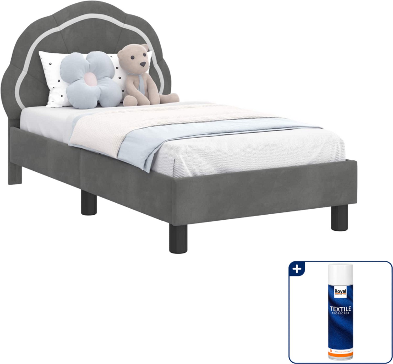 vidaXL peuterbedframe - 70 x 140 cm - fluweel - donkergrijs - Inclusief textielbeschermer 500 ml